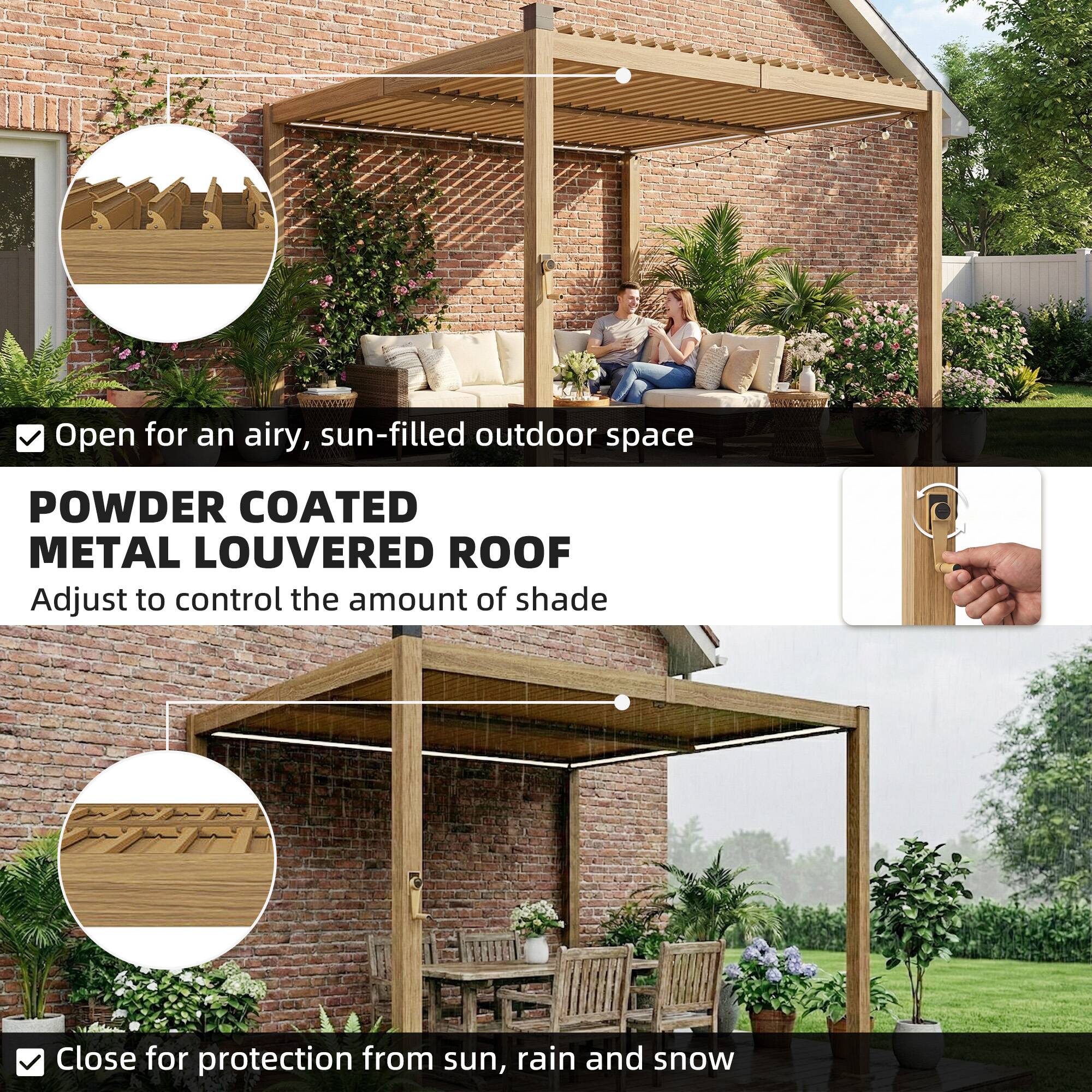 Open for an airy, sun-filled outdoor space

POWDER COATED METAL LOUVERED ROOF
Adjust to control the amount of shade

Close for protection from sun, rain and snow