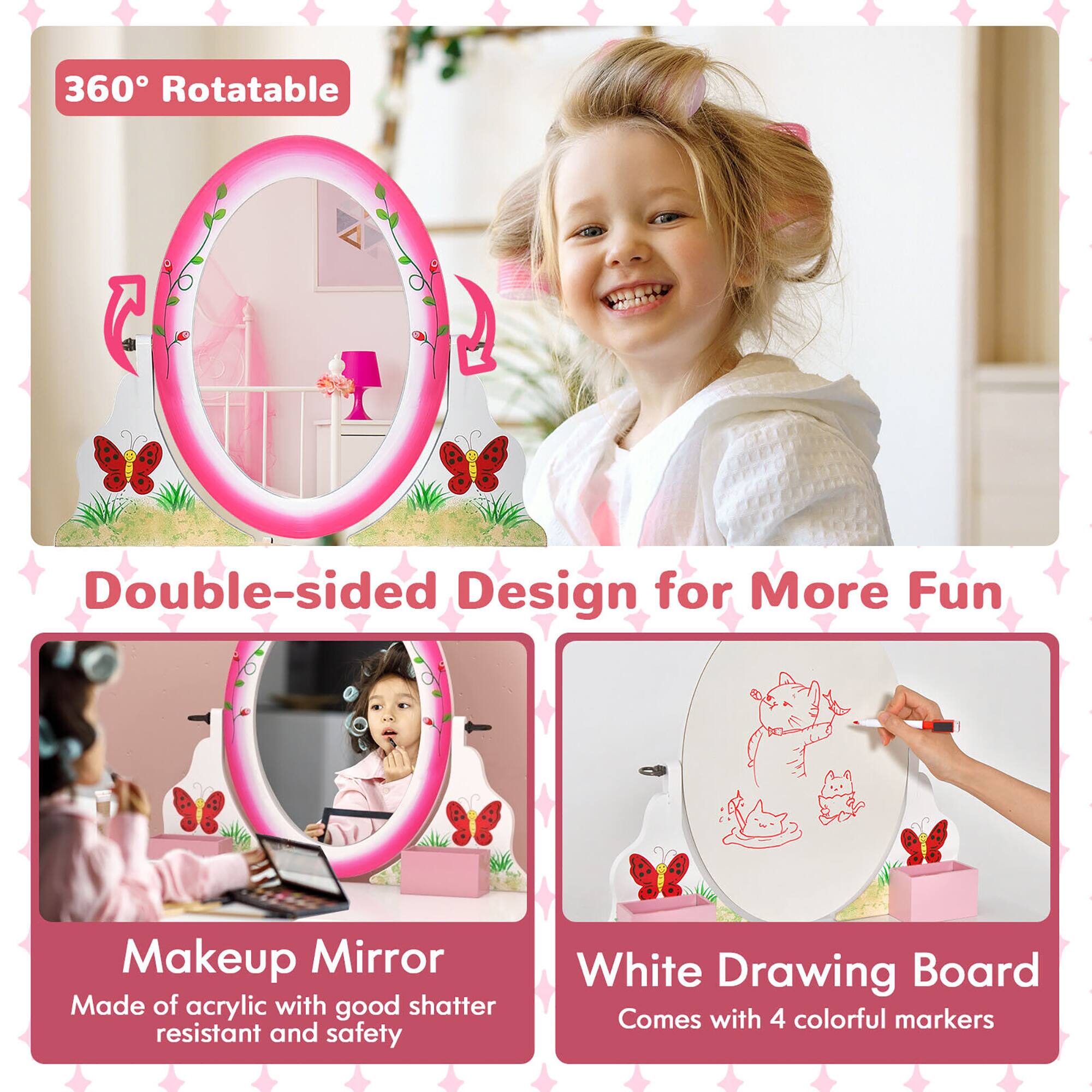 360° Rotatable

Double-sided Design for More Fun

Makeup Mirror
Made of acrylic with good shatter resistant and safety

White Drawing Board
Comes with 4 colorful markers