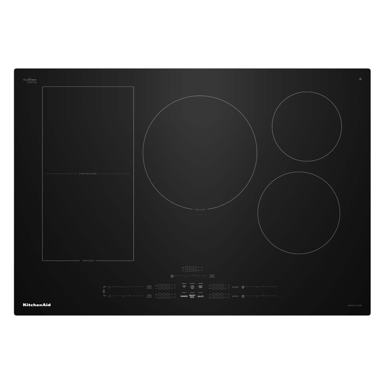 Creating a kitchen layout with the following elements:

- Oven Heat Zone
- Rear Cool Zone

Induction Cooktop with four zones:

- Two large circular zones
- One medium circular zone
- One small circular zone

Controls:

- Temperature and timer settings
- Mode selection (e.g., Simmer, Boil)
- Additional settings and functions

Branding:

- KitchenAid