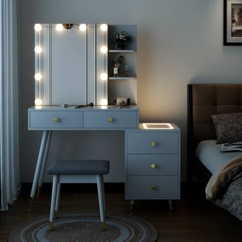 Alt View 9. Winado - Vanity Table Stool Set with 10 LED Lighted Mirror Dressing, 5 Drawers,  LED Nightstand, Makeup Dressing Table - White.