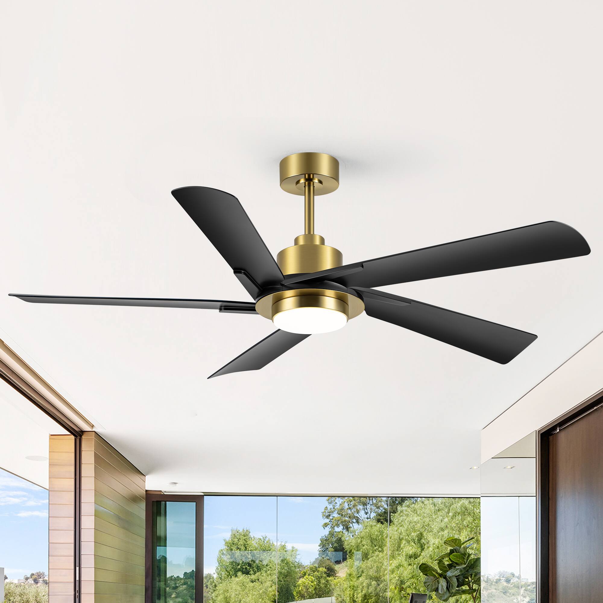 Left. Breezary - 60-Inch Indoor Ceiling Fan with 5 ABS Blades, 3-Color Light, 6-Speed DC Motor, Remote, Timer & Memory, 6"/12" Downrods - Gold and Black.