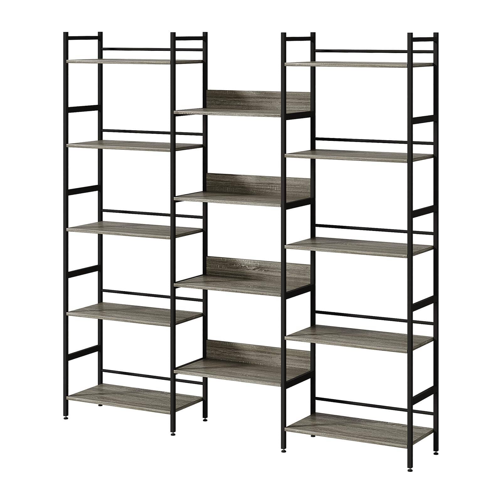 Babevy - Wooden Bookshelf, Triple Wide 5 Tiers Industrial Bookcase with 14 Open Display Shelves and Baffles - Gray
