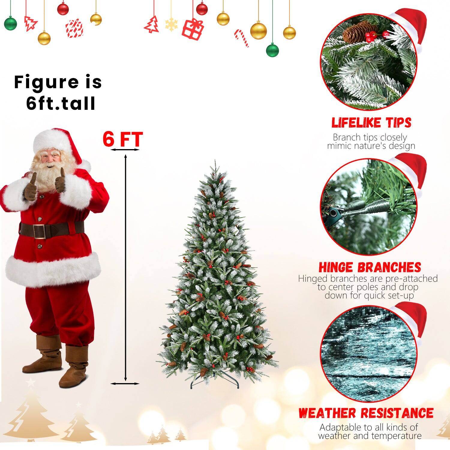 - Figure is 6ft. tall
- 6 FT
- LIFELIKE TIPS: Branch tips closely mimic nature's design
- HINGE BRANCHES: Hinged branches are pre-attached to center poles and drop down for quick set-up
- WEATHER RESISTANCE: Adaptable to all kinds of weather and temperature