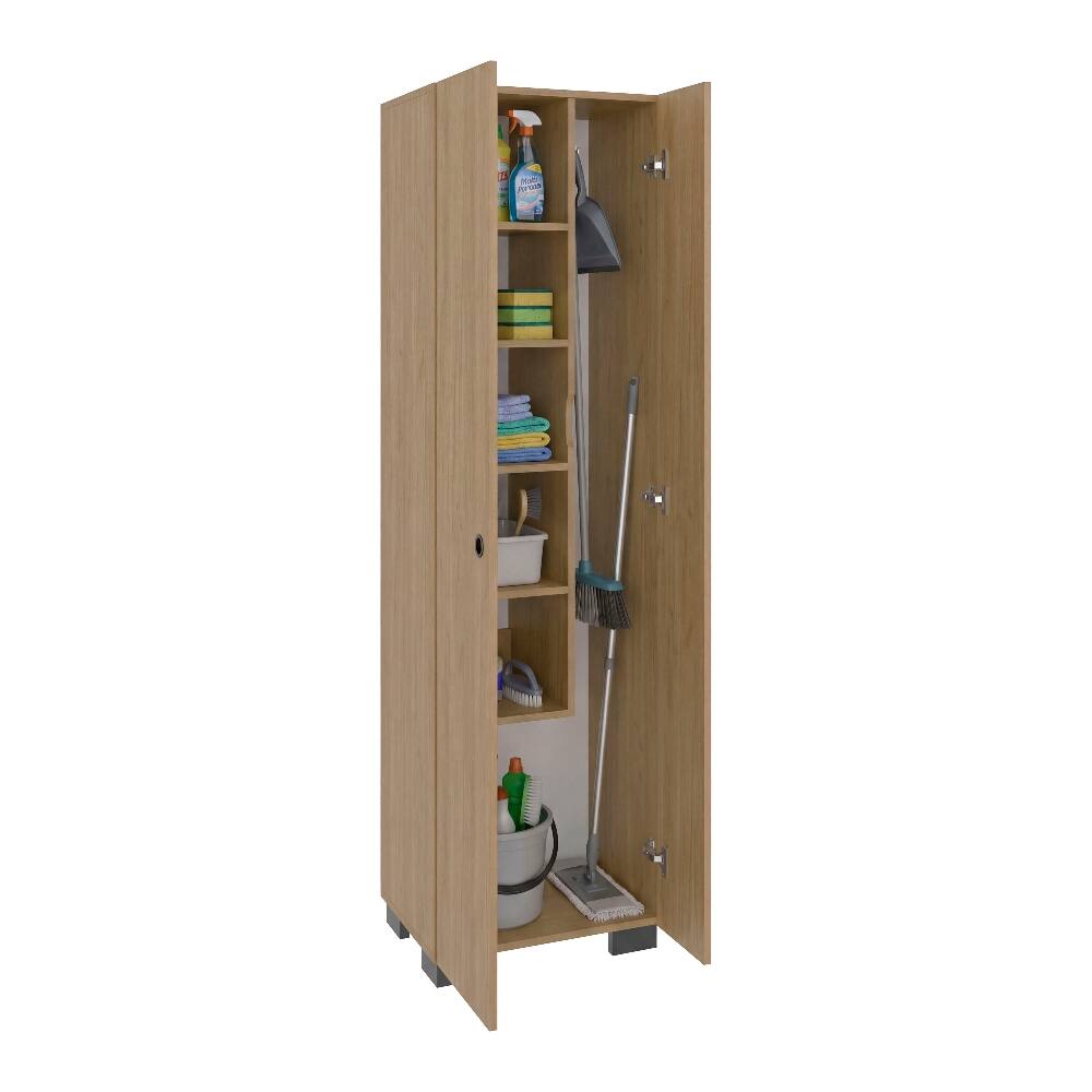 Back. Loheer - Loheer Utility Storage Cabinet for Brooms and Cleaning Supplies, Tall Household Organizer, White and Natural Oak - White and Natural Oak.