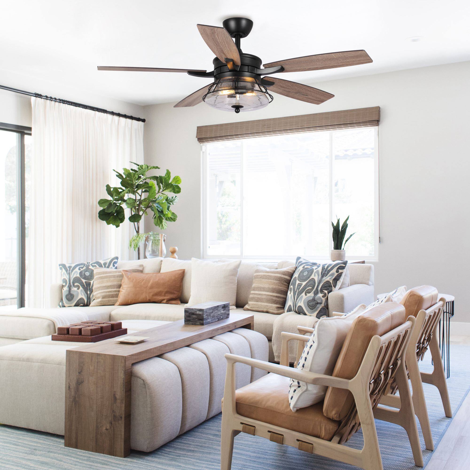 Left. Parrot Uncle - 52" Seeded Glass Black Industrial Indoor Ceiling Fan with Remote and Light Kit - Black.