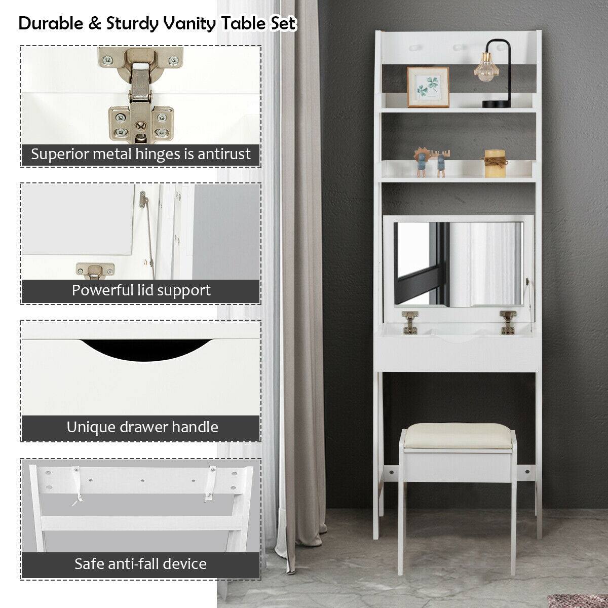 Durable & Sturdy Vanity Table Set

- Superior metal hinges is antirust
- Powerful lid support
- Unique drawer handle
- Safe anti-fall device