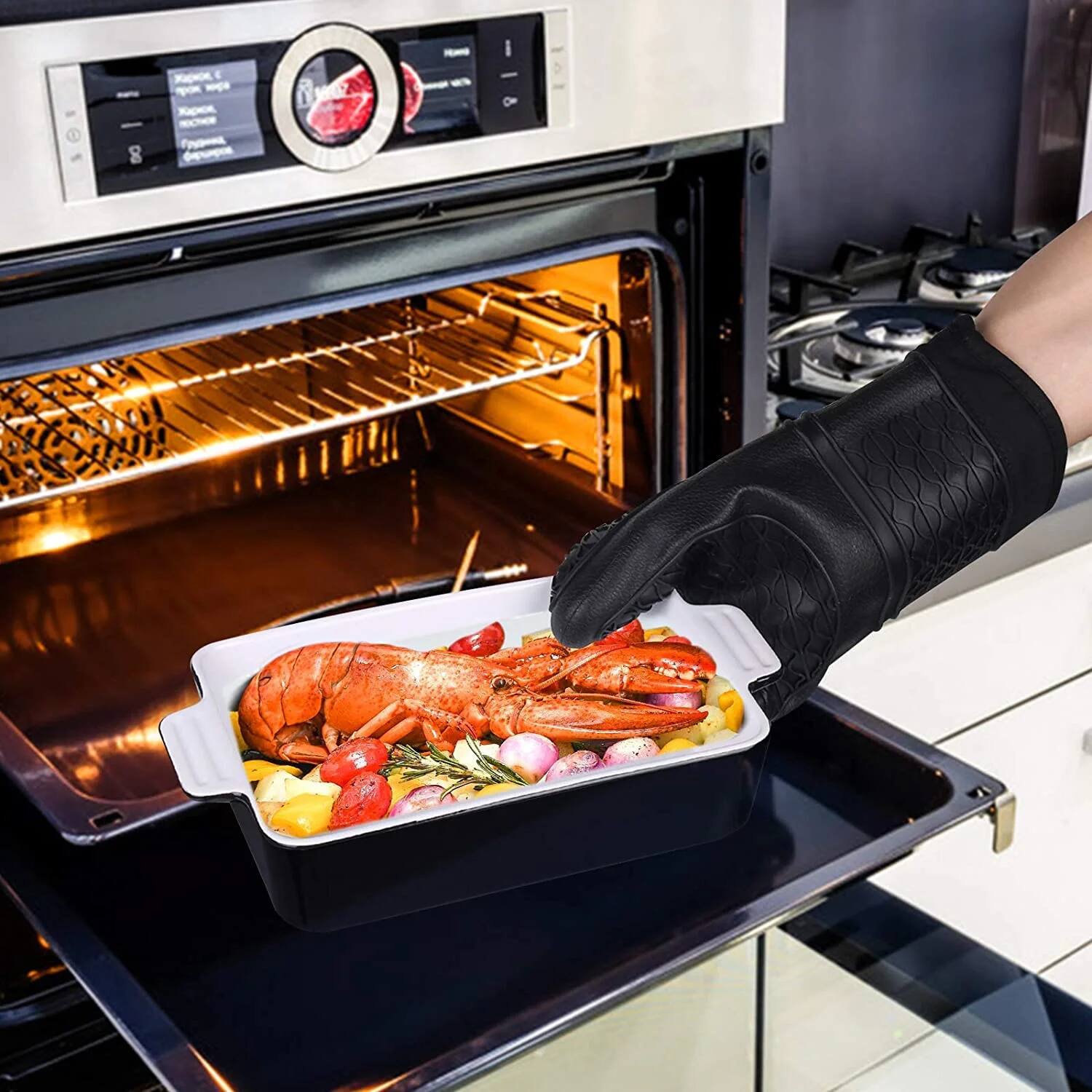 Alt View 2. MOVSSOU - Silicone Oven Mitts Heat Resistant Non-Slip Black - black.