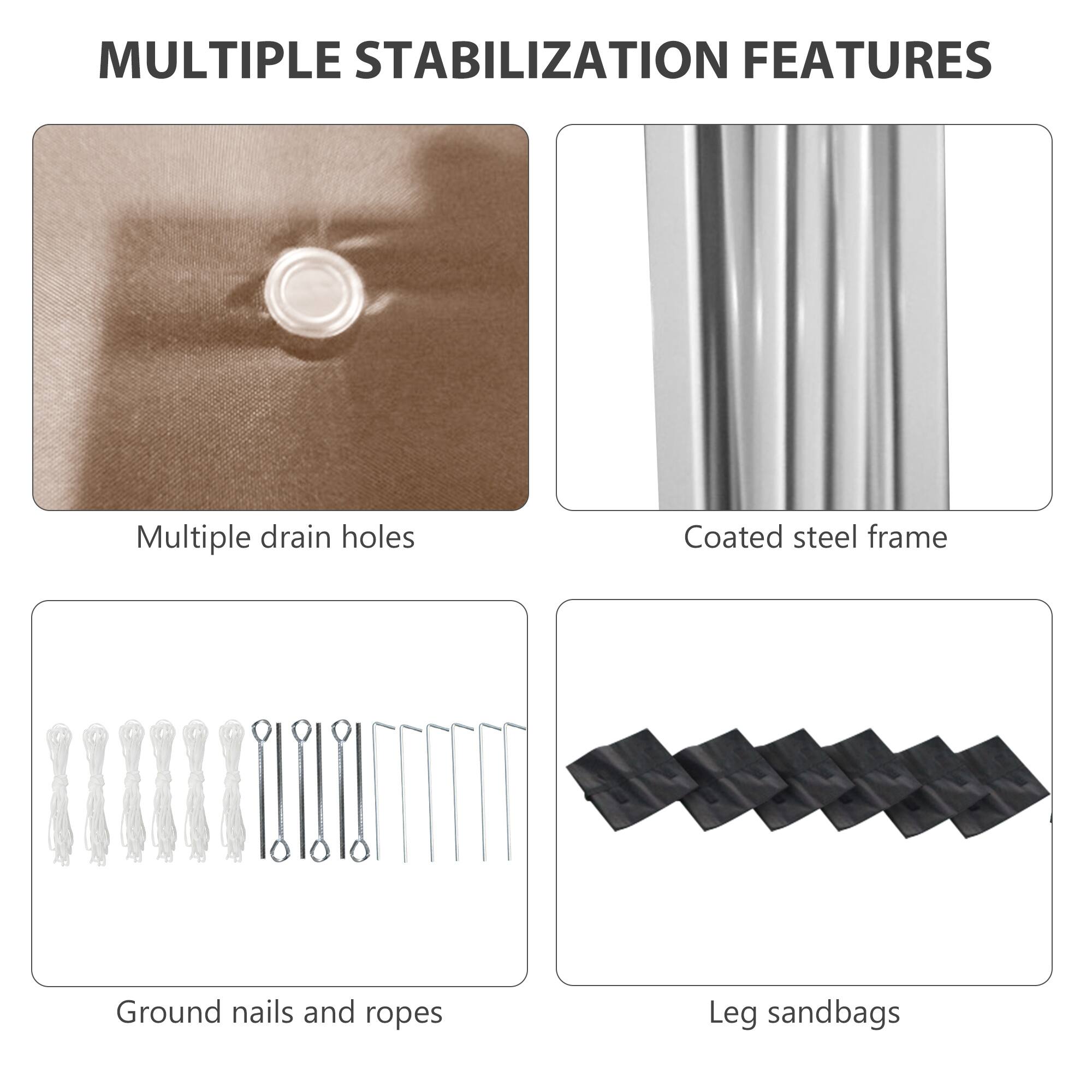 MULTIPLE STABILIZATION FEATURES

- Multiple drain holes
- Coated steel frame
- Ground nails and ropes
- Leg sandbags