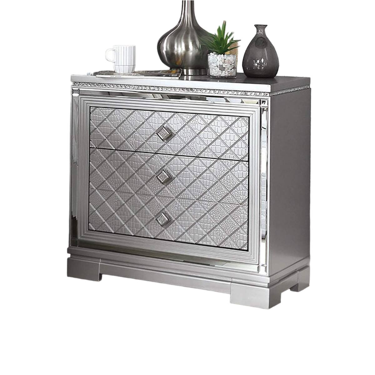 Angle. Loheer - Loheer Silver Nightstand with USB Charger, Three-Drawer Bedside Cabinet with Hidden Jewelry Storage - Silver.