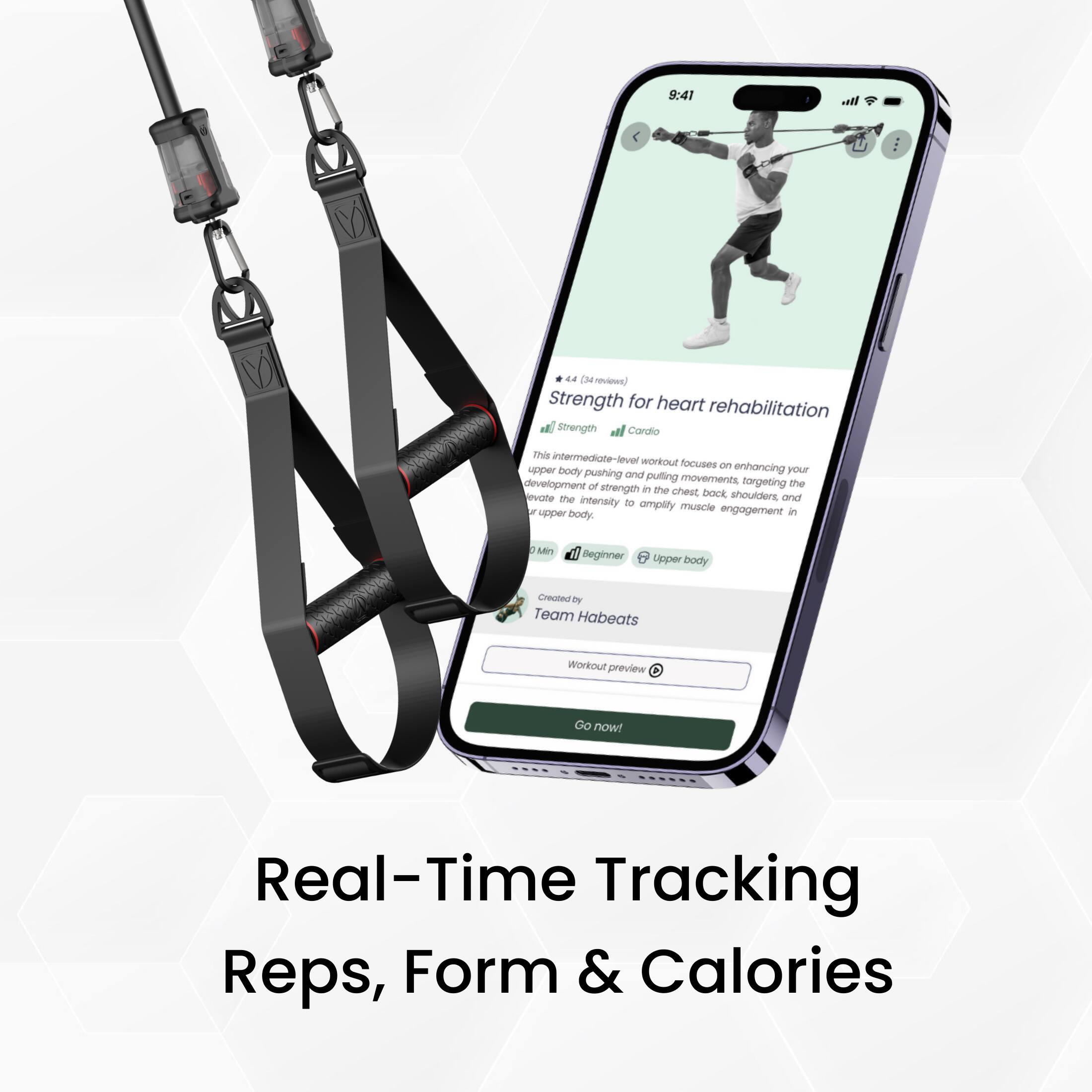 9:41  
Strength for heart rehabilitation  
Cardio  
Intermediate-level workout focuses on enhancing your upper body pushing and pulling movements, targeting the development of strength in the chest, back, shoulders, and core. Increase the intensity to amplify muscle engagement in upper body.  
Beginner  
Upper body  
Created by Team Habeats  
Workout preview  
Go now!  
Real-Time Tracking Reps, Form & Calories