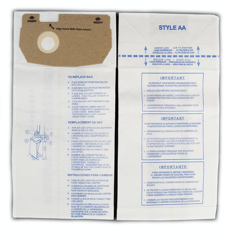 **INSERT**  
Align Notch With Hose Adaptor

**TO REPLACE BAG**  
A. FOLD SIDES OF PAPER BAG BELOW BAG COLLAR  
B. ALIGN BAG COLLAR HOLE AND NOTCH WITH HOSE ADAPTOR CORNERS ON COLLAR  
C. PUSH COLLAR TO REAR OF COMPARTMENT  
D. TUCK BAG INTO BOTTOM AND ALONG BOTTOM OF COMPARTMENT  
E. PLACE TABS ON LOWER PART OF FRONT COVER INTO CLEANER SLOTS  
F. CLOSE COVER  

**REPLACEMENT DU SAC**  
A. PLOIEZ LES CÔTÉS DU SAC EN PAPIER  
B. COUPEZ LE COL DU SAC ET ENFONCER LE COL DU SAC ET LE NOTCH AVEC L'ADAPTEUR TUYAU  
C. POSEZ LES COINS DU COL DU SAC SUR L'ARRIERE DU COMPARTIMENT  
D. ENFONCER LE SAC AU FOND  
E. COUPEZ LES LANGUETTES DE LA PARTIE INFÉRIEURE DU SAC  
F. COUPEZ LES LANGUETTES DE LA PARTIE INFÉRIEURE DU SAC