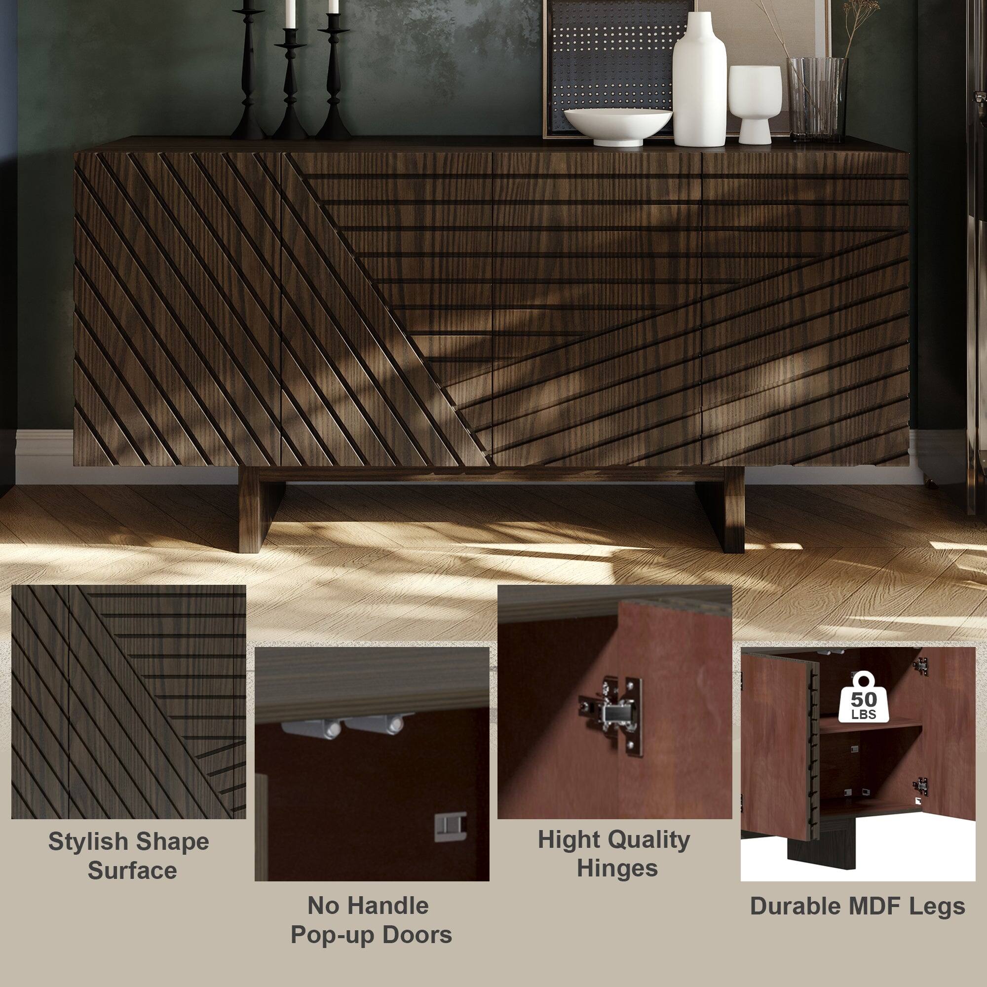 - Stylish Shape Surface
- No Handle Pop-up Doors
- High Quality Hinges
- Durable MDF Legs
- 50 LBS