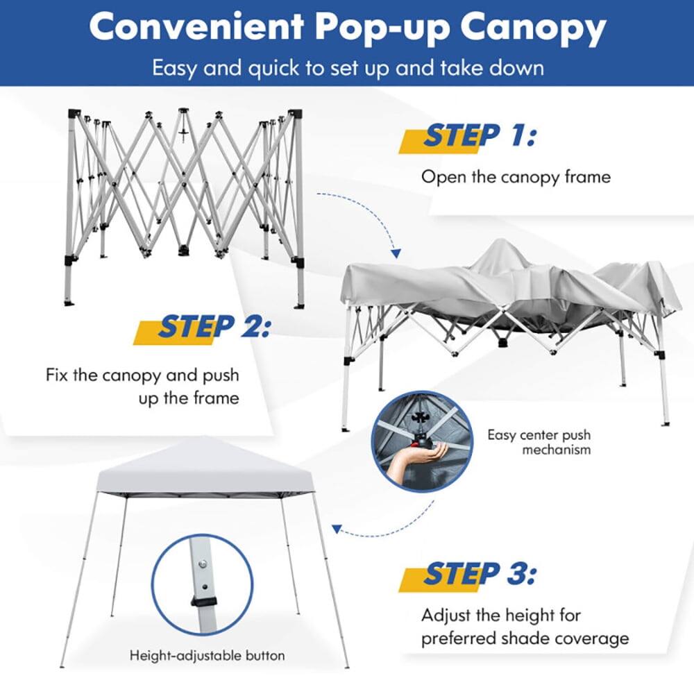 Convenient Pop-up Canopy  
Easy and quick to set up and take down  

**STEP 1:**  
Open the canopy frame  

**STEP 2:**  
Fix the canopy and push up the frame  
Easy center push mechanism  

**STEP 3:**  
Adjust the height for preferred shade coverage  
Height-adjustable button