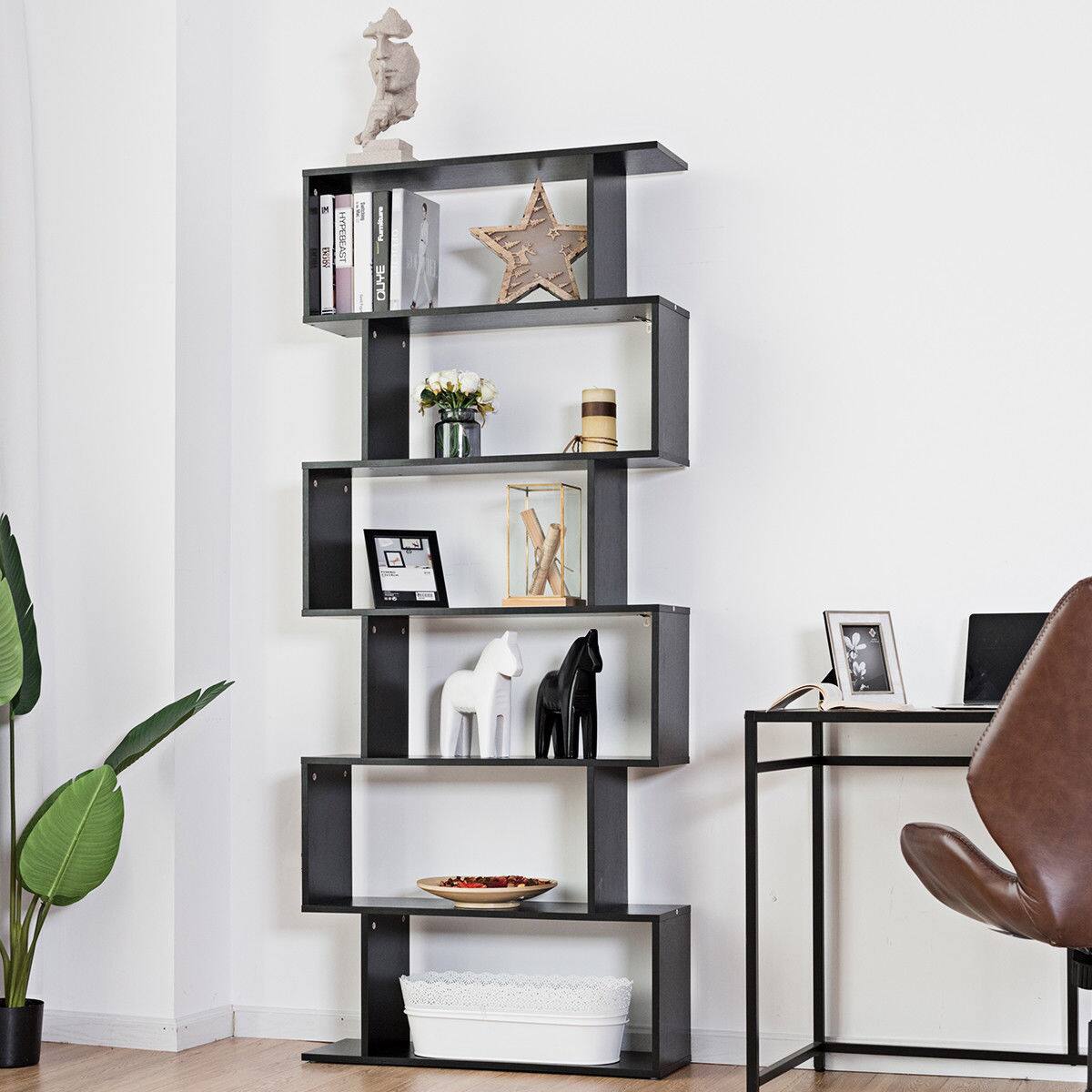 Alt View 2. Gymax - Gymax 6 Tier S-Shaped Bookcase Z-Shelf Style Storage Display Modern Bookshelf Black - Black.