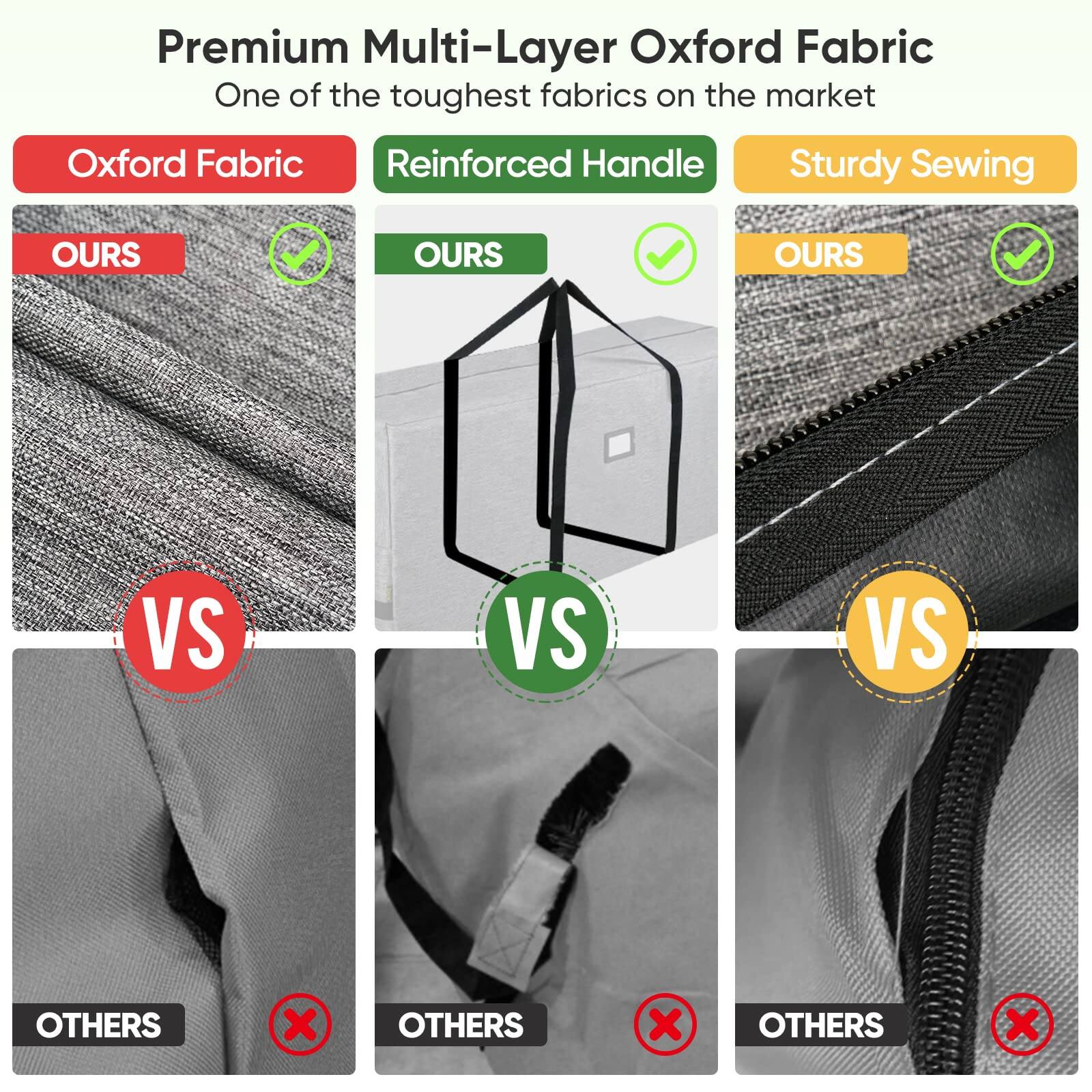 Premium Multi-Layer Oxford Fabric  
One of the toughest fabrics on the market  

Oxford Fabric  
OURS vs OTHERS  

Reinforced Handle  
OURS vs OTHERS  

Sturdy Sewing  
OURS vs OTHERS