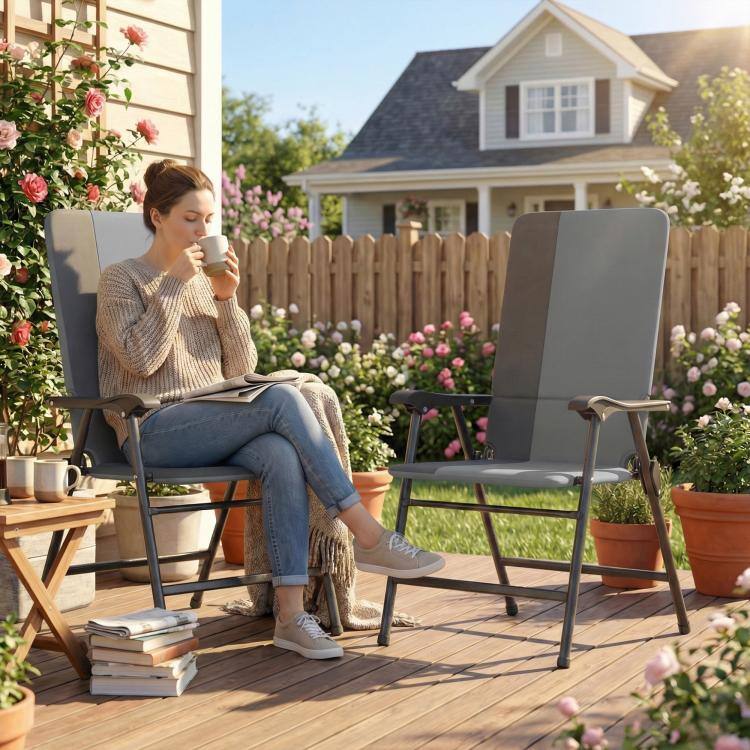 Alt View 2. PULUZ - Folding Patio Chairs Set of 2, Padded High Back Lawn Camping Chairs with Armrests, 600D Oxford Fabric - Light Gray.