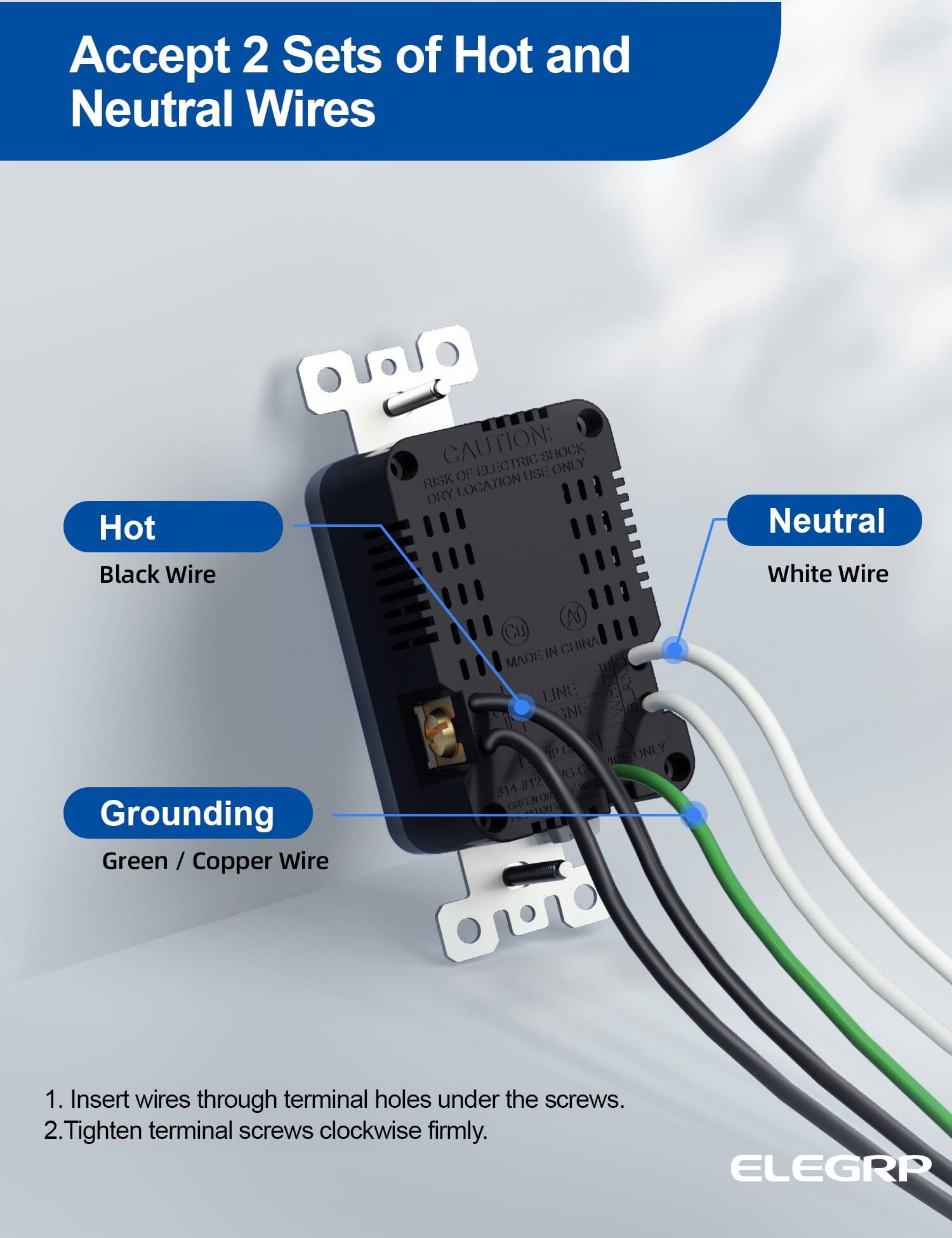 Accept 2 Sets of Hot and Neutral Wires

Hot  
Black Wire

Neutral  
White Wire

Grounding  
Green / Copper Wire

1. Insert wires through terminal holes under the screws.  
2. Tighten terminal screws clockwise firmly.