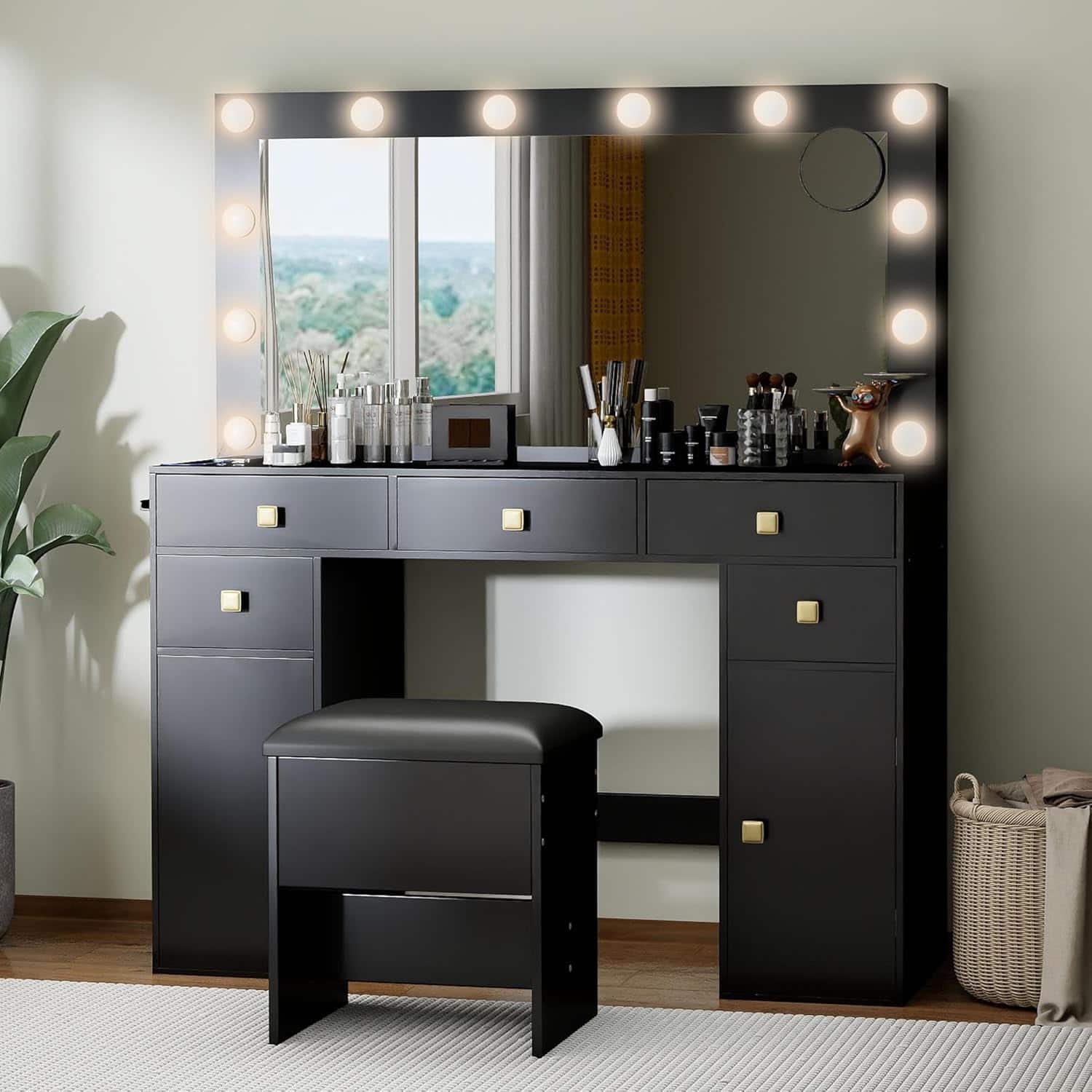 Front. Essen Blissed - Makeup Vanity Desk,41”Large Mirror,12 Adjustable 3 Color LED Bulbs,5 Drawers,Suitable for Girls' Makeup Vanity,Black - Black.
