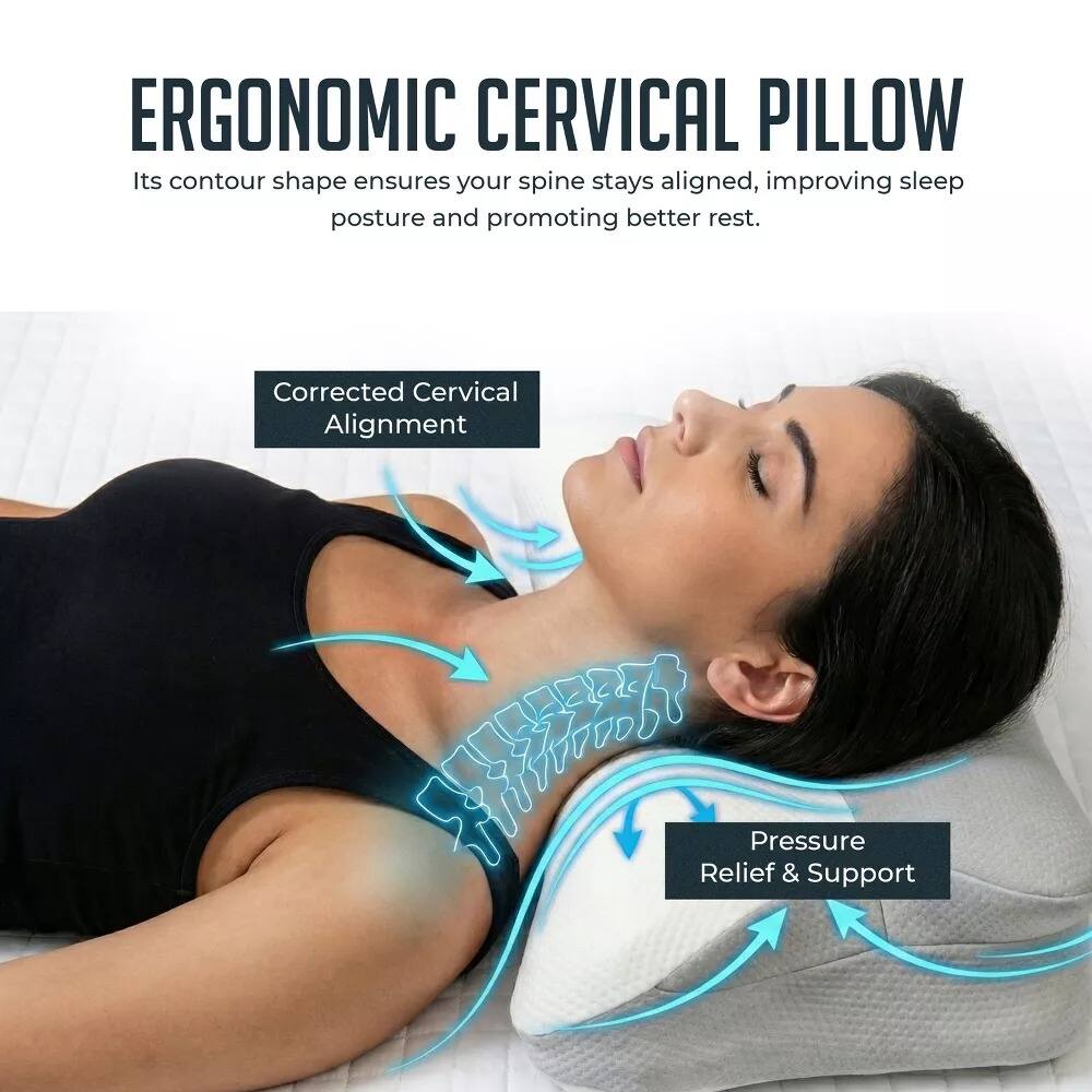 ERGONOMIC CERVICAL PILLOW  
Its contour shape ensures your spine stays aligned, improving sleep posture and promoting better rest.  

Corrected Cervical Alignment  
Pressure Relief & Support