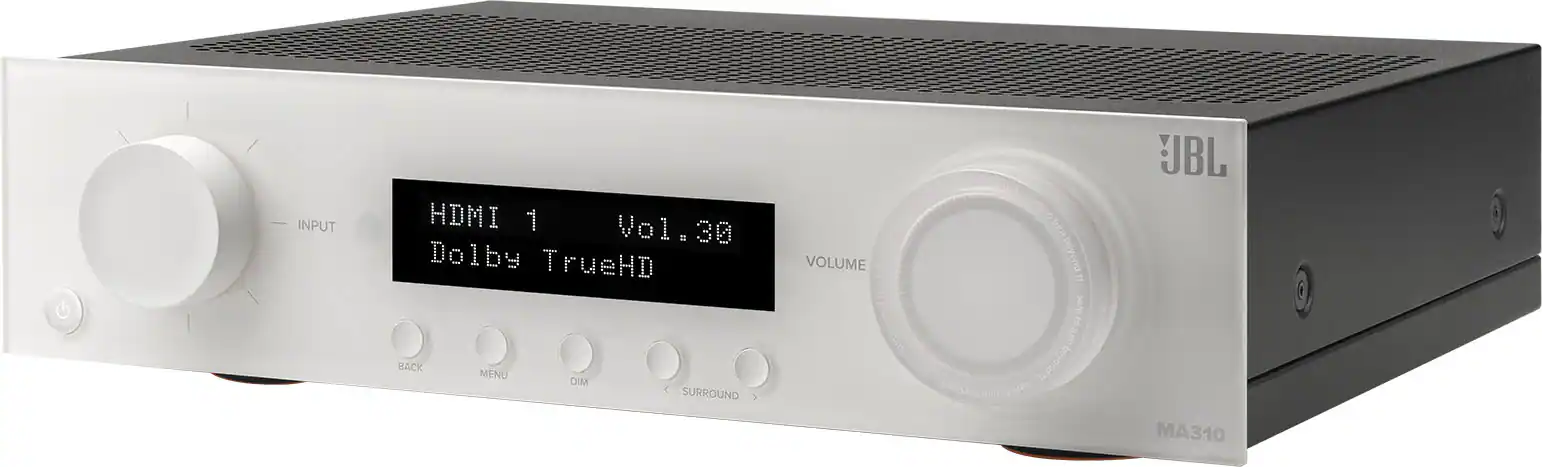 The text on the image reads: "INPUT HDMI 1 Vol.30 Dolby TrueHD BACK MENU DIM SURROUND y VOLUME @tetotombeyond.1y = ajec I Buokaqnes Rupustaqumc os ages UBL MA310."