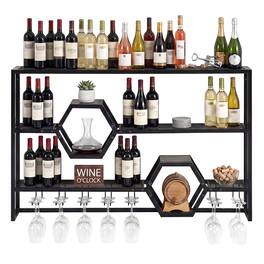 Costway - Wall Mounted Wine Rack 47" Large Floating Bar Shelves with Glass Holder for Kitchen - Black