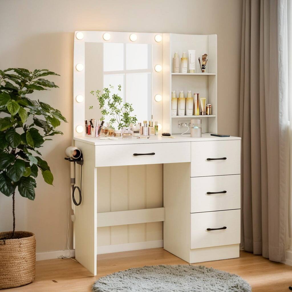Kadyn - Table Vanity, Vanity Desk,Vanity Desk with 3-Color Lights and Power Outlets - White