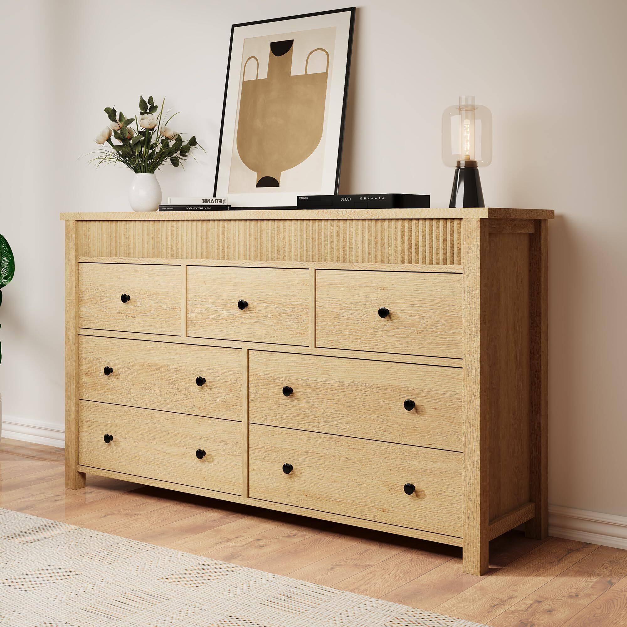 Alt View 1. Acekool - 7 Drawer Dresser for Bedroom, Wooden Chest of Drawers, Fluted TV Stand - Yellow.
