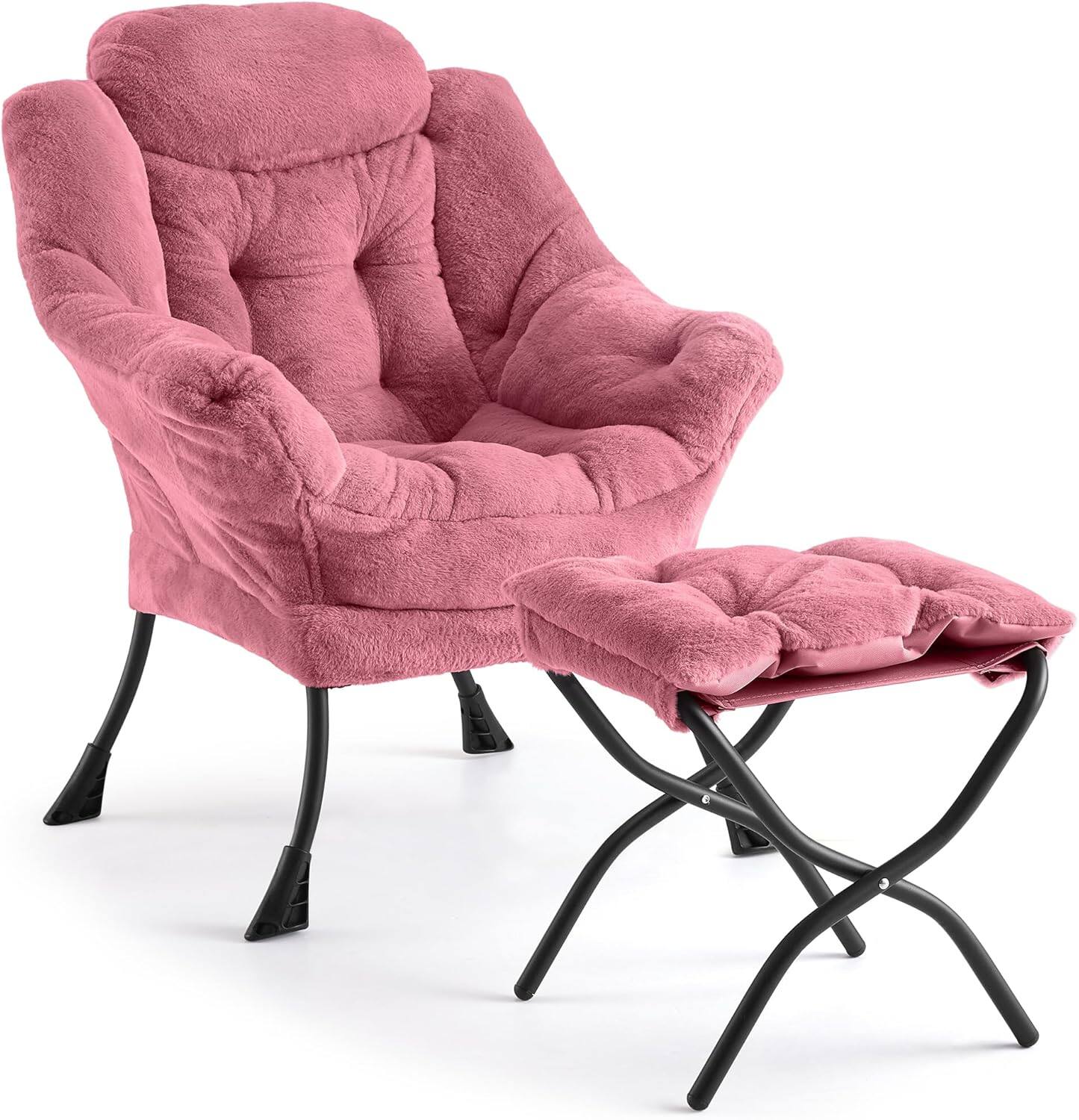 Front. Acekool - Lazy Chair with Ottoman, Large Plush Lounge Accent Chair, Foldable Footrest & Side Pocket, Red - Red.