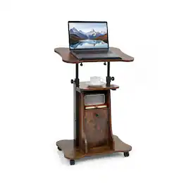 Costway - Mobile Podium Stand, Height Adjustable Laptop Cart with Tilting Top Storage Cabinet - Brown + Black