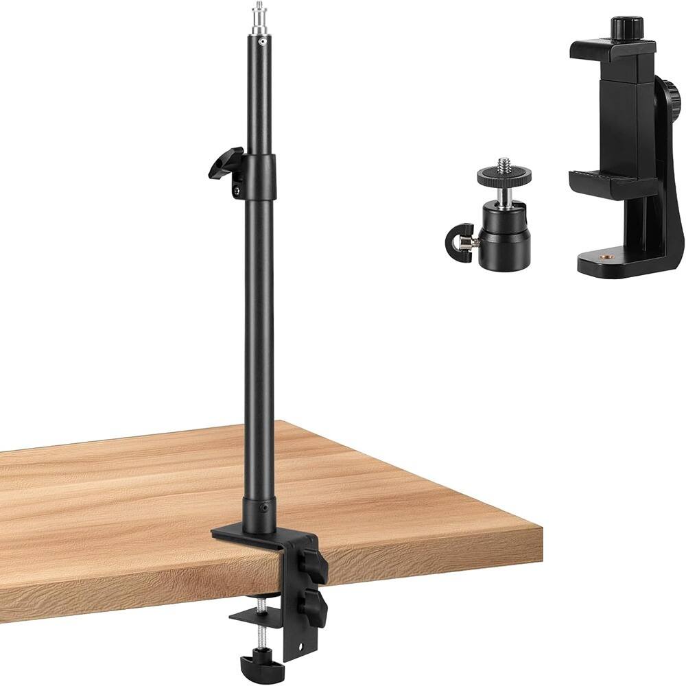 Front. Schertz - Camera Desk Mount Stand, 14–23.6" Adjustable with 1/4" Ball Head & Phone Holder, Desktop Stand for DSLR, Ring Light, Web.