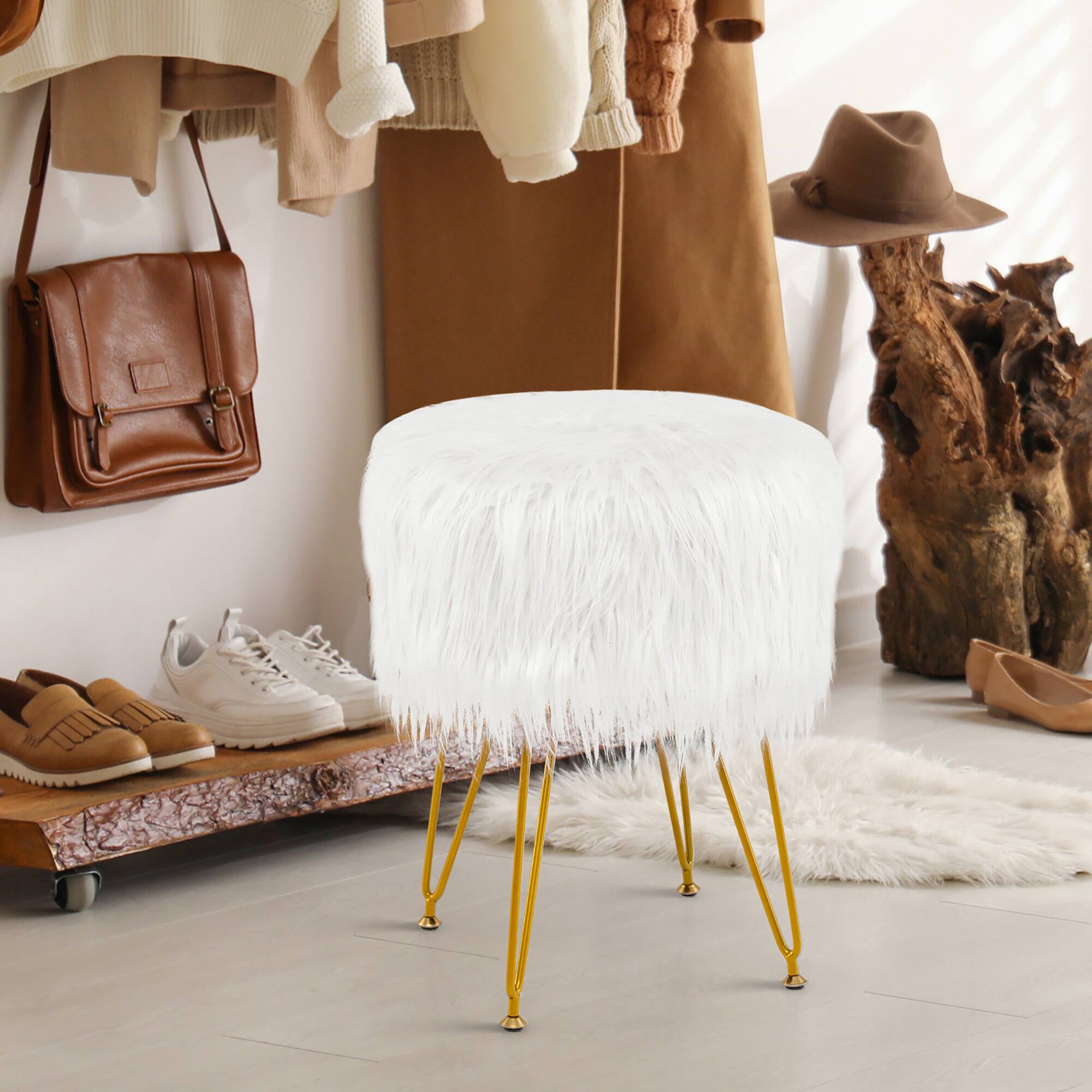 Alt View 3. Gymax - Gymax Vanity Chair Makeup Stool Furry Padded Seat Round Ottoman White - White.