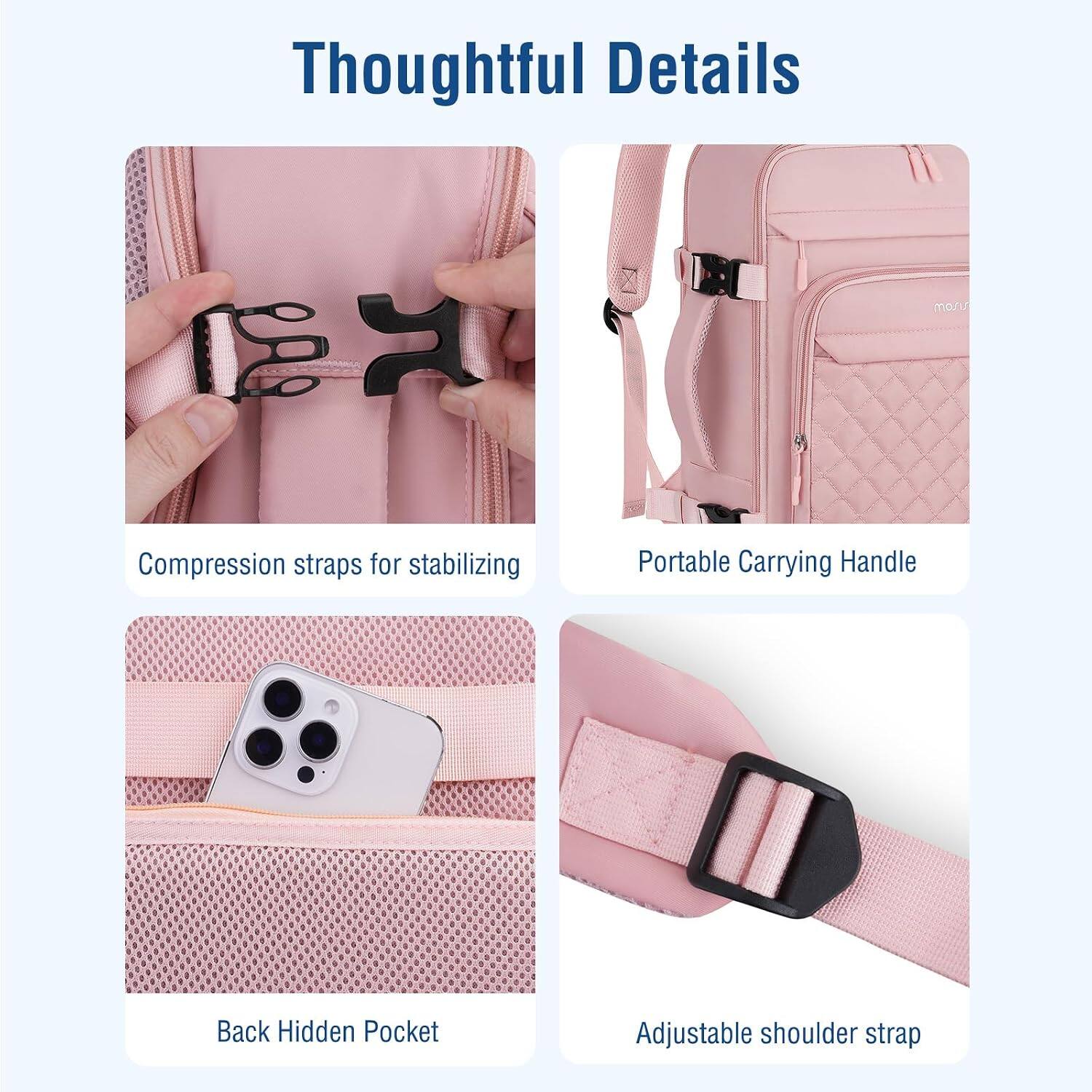 Thoughtful Details

- Compression straps for stabilizing
- Portable Carrying Handle
- Back Hidden Pocket
- Adjustable shoulder strap