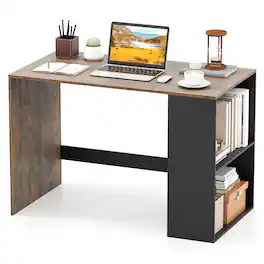 Gymax - Computer Desk 44'' Home Office Desk w/ 2-Tier Bookshelf Study Writing Desk Rustic Black - Brown