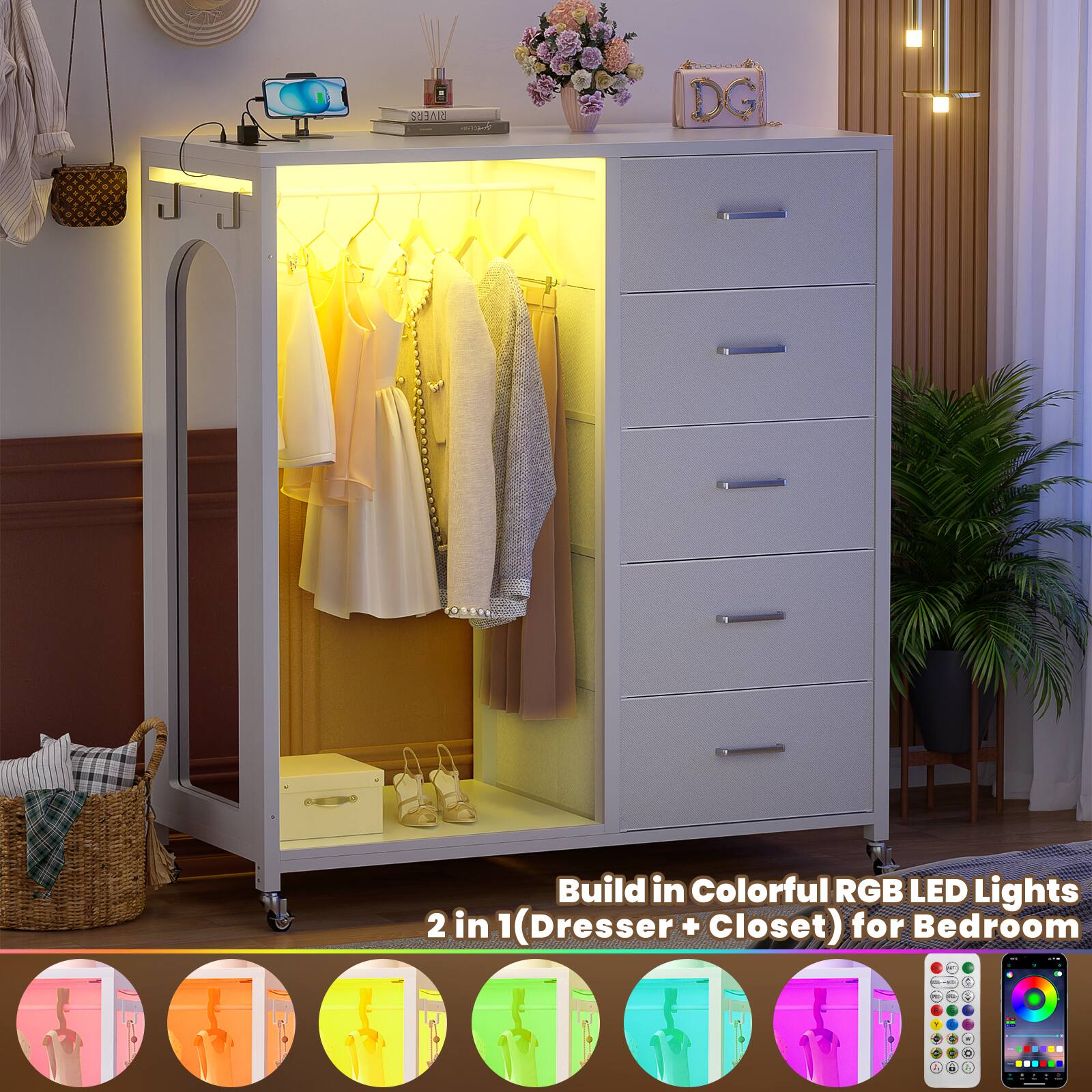 SLAA DG Build in Colorful RGB LED Lights 2 in 1 (Dresser + Closet) for Bedroom