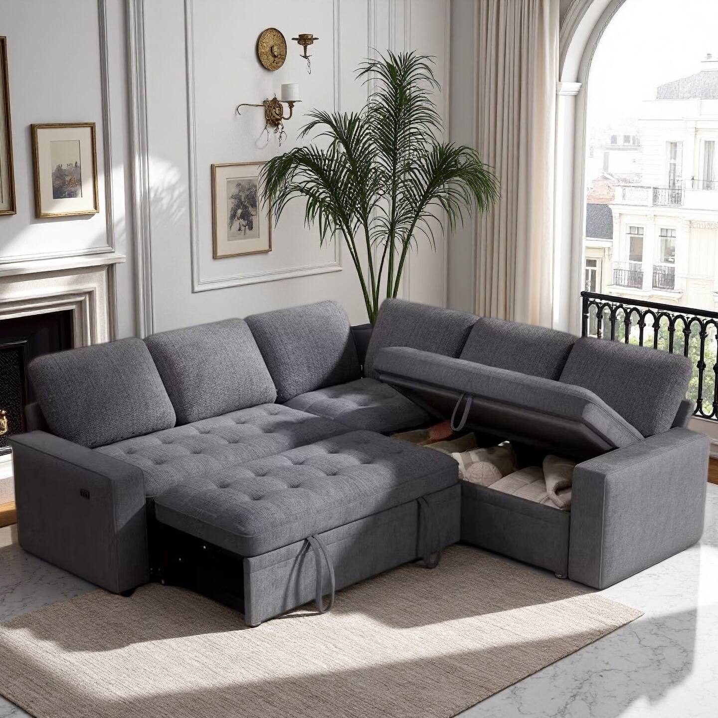 Front. Dyonery - 79" L-Shaped Sectional Sleeper Sofa Bed,Grey Chenille Pull Out Couch Bed 5 Seat with Reversible Storage Chaise,USB - Gray.