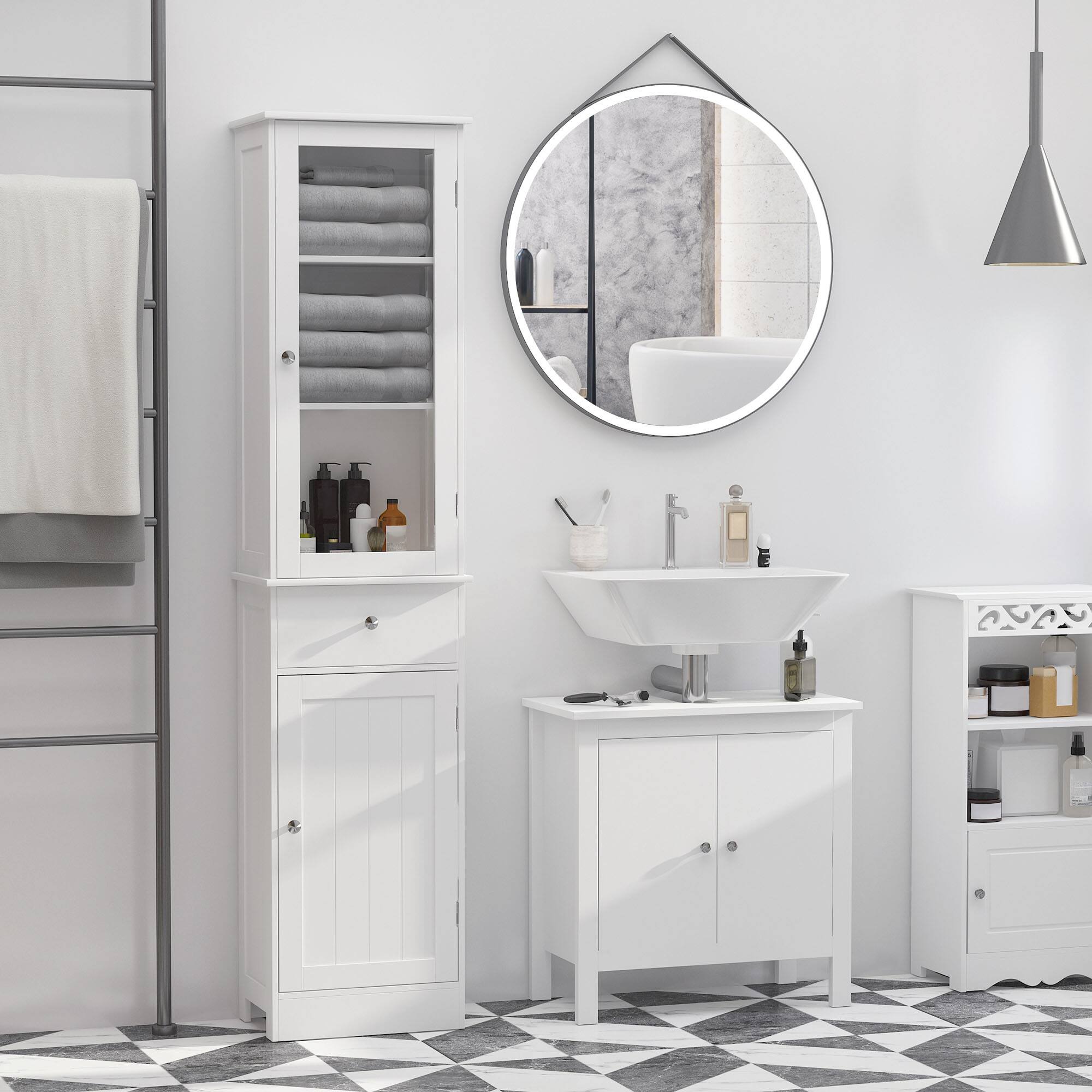 Alt View 1. Kleankin - Slim Bathroom Storage Cabinet, Tall Bathroom Cabinet, Narrow Linen Tower with Acrylic Door, Drawer and Shelves - White.