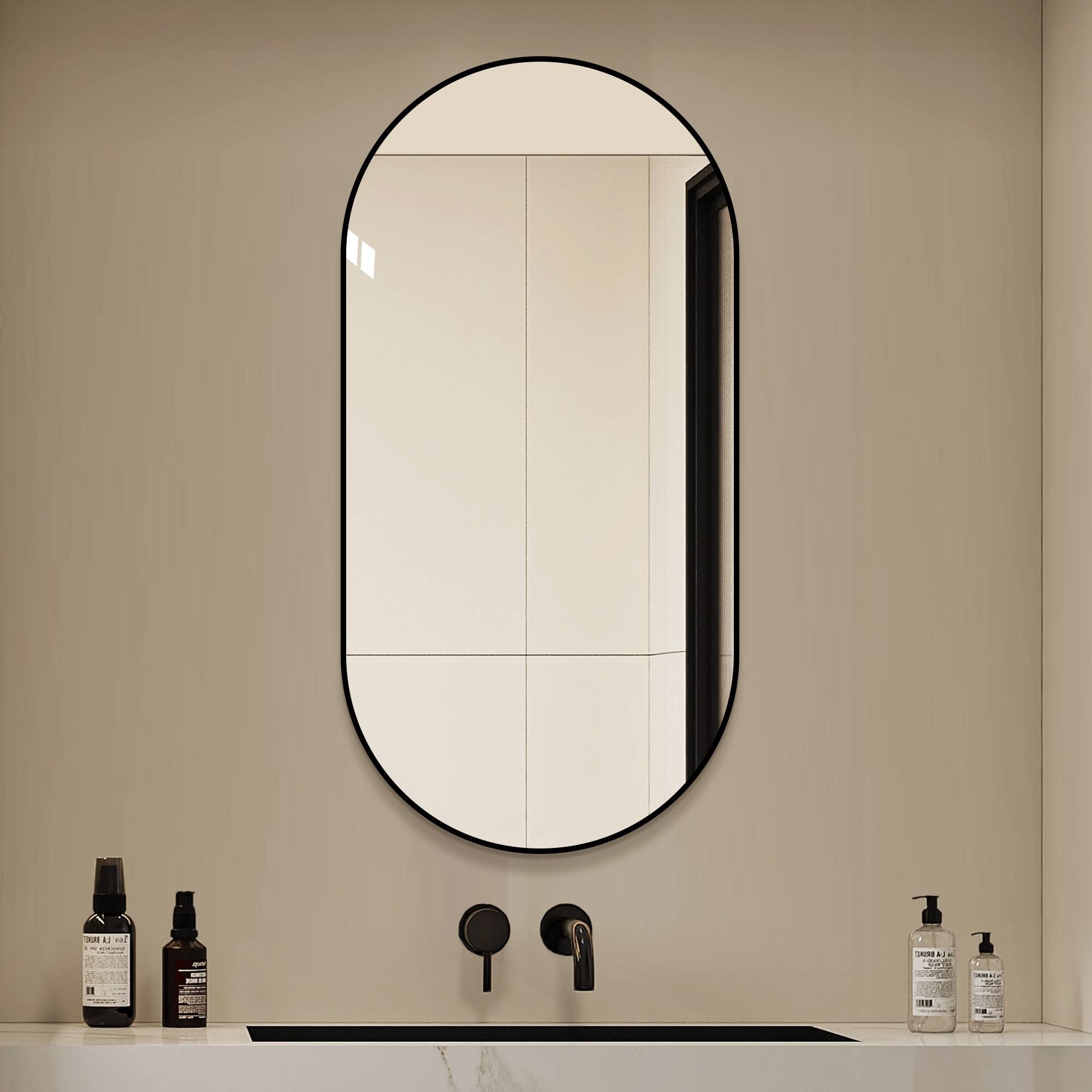 Left. Boyel Living - 48 in x 24 in Framed Rectangular Bathroom Vanity Mirror for Wall Mounting - Black.