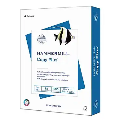 Sure, here is the corrected and grouped text:
---
**Sylvamo HAMMERMILL Copy Plus**
**Perfect for everyday printing and copying**
- Le choix idéal pour l'impression et la photocopie du quotidien
- Perfecto para la impresión y copias cotidianas
**20** sheets
**92** g/m²
**500** sheets
**8½ x 11** (216 x 279 mm)
**$99.99**
**JAM-FREE**
**FSC Certified**
---