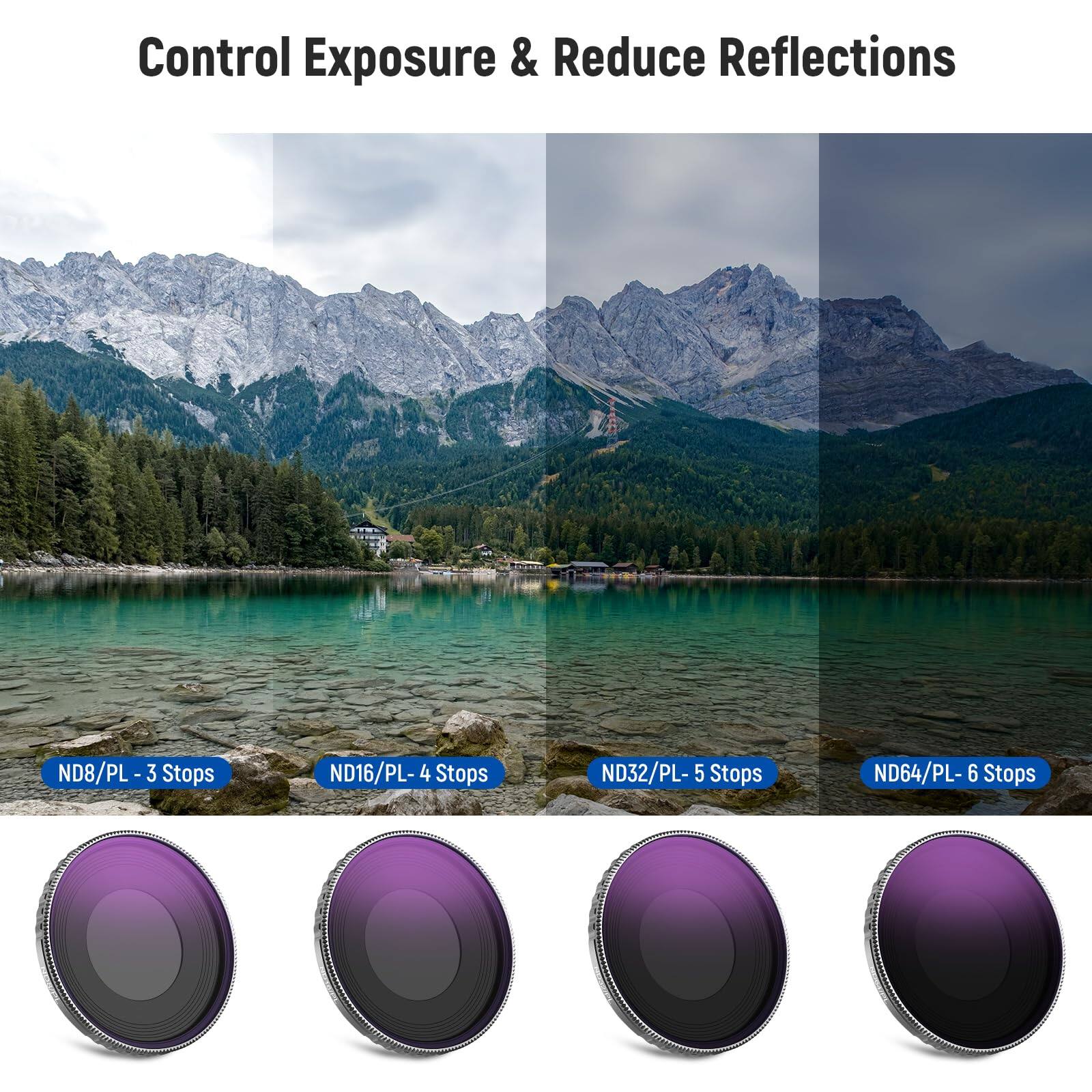 Control Exposure & Reduce Reflections

ND8/PL - 3 Stops  
ND16/PL - 4 Stops  
ND32/PL - 5 Stops  
ND64/PL - 6 Stops
