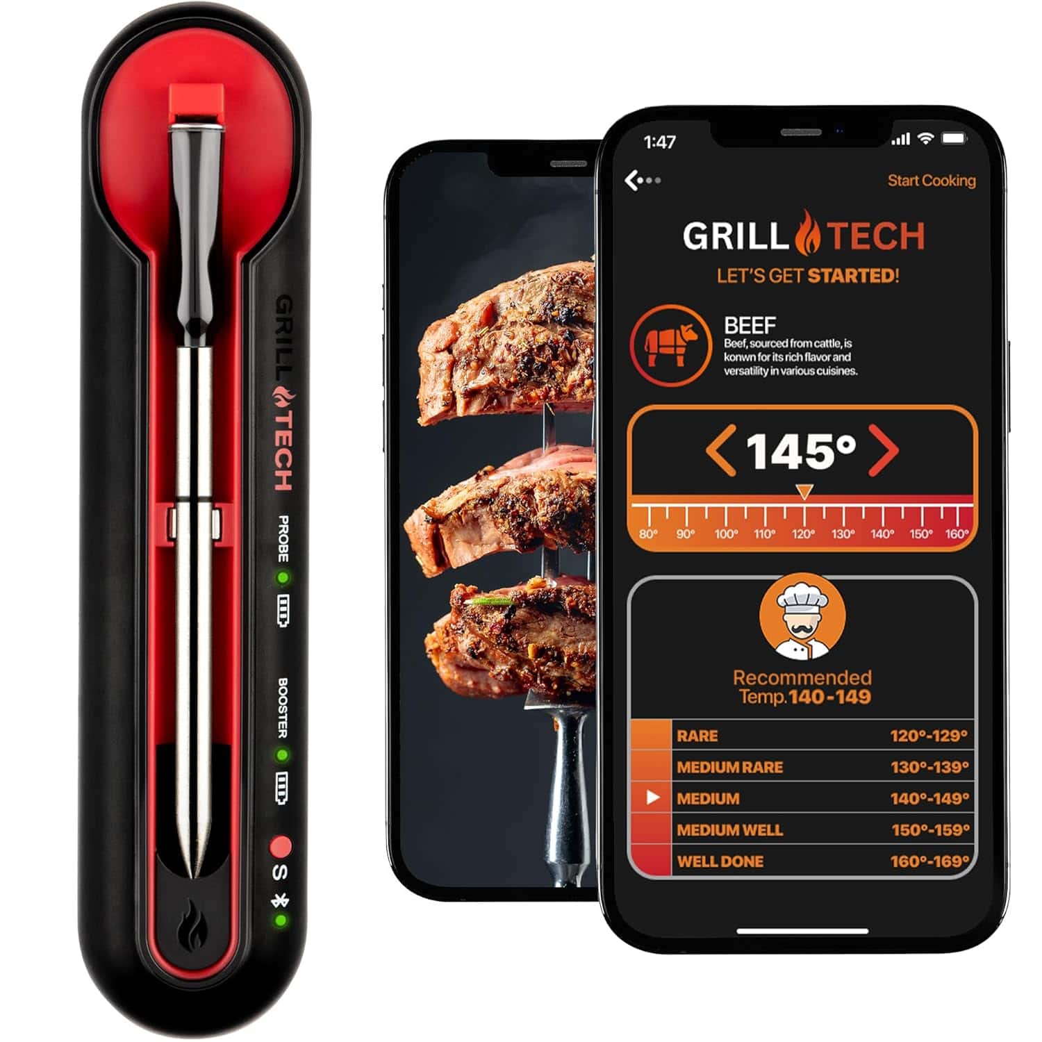 Zulay Kitchen - Smart Bluetooth Meat Thermometer Wireless Thermometer by Grill Tech - Black