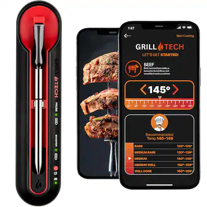 1:47 Start Cooking
GRILL TECH PROBE
TE GRILL TECH
LET'S GET STARTED!
BEEF
Beef pacnos from carrio, is known for its rich flavor and versatility in various cuisines.
145°
Recommended Temp.
140-149
RARE 120-129
MEDIUM RARE 130-139
MEDIUM 140-149
MEDIUM WELL 150-159
WELL DONE 160-169