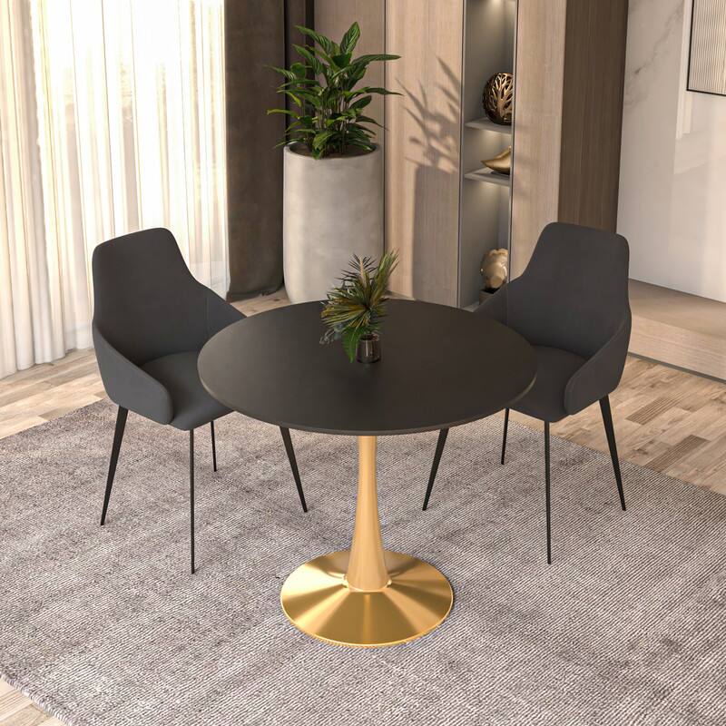 Angle. LeisureMod - Bristol 31" Round Minimalist Dining Table, Sintered Stone or MDF Top - Space-Saving Pedestal Base Kitchen & Cafe Table - MDF - Black.
