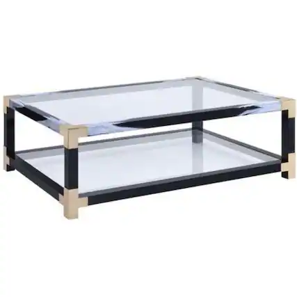 Front. Manhattan Lane - Rectangular Metal Coffee Table with Glass Top and Shelf - Black.