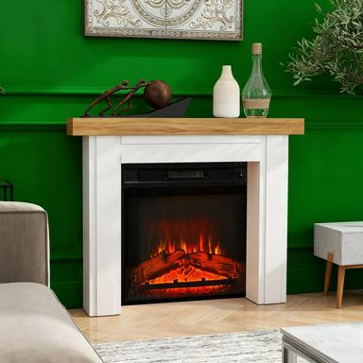 Angle. Loheer - Loheer Freestanding Fireplace Mantel, 51.2" W Electric Fireplace Surround with Natural Wood Grain Top, White - Natural Wood, White.