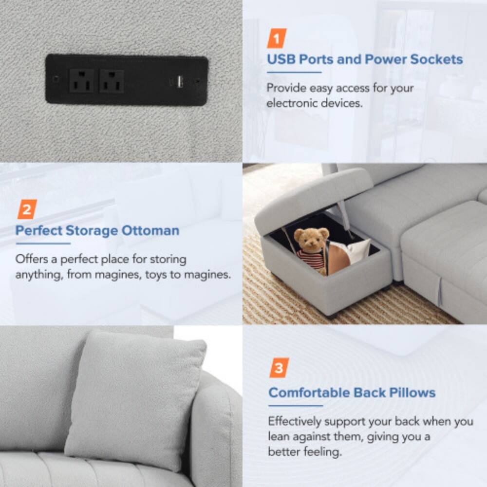 1. USB Ports and Power Sockets  
   Provide easy access for your electronic devices.

2. Perfect Storage Ottoman  
   Offers a perfect place for storing anything, from magazines, toys to magazines.

3. Comfortable Back Pillows  
   Effectively support your back when you lean against them, giving you a better feeling.