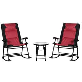 Resenkos - 3-Pc Bistro Style Patio Set, Glass Table & 2 Padded Rocking Chairs, Porch, Camping, Balcony - Red