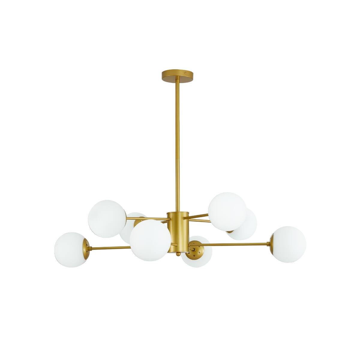 Alt View 6. Loheer - Loheer 35 Inch Gold Chandelier, Eight Light Mid Century Branching Ceiling Fixture with White Glass Globe Shades.