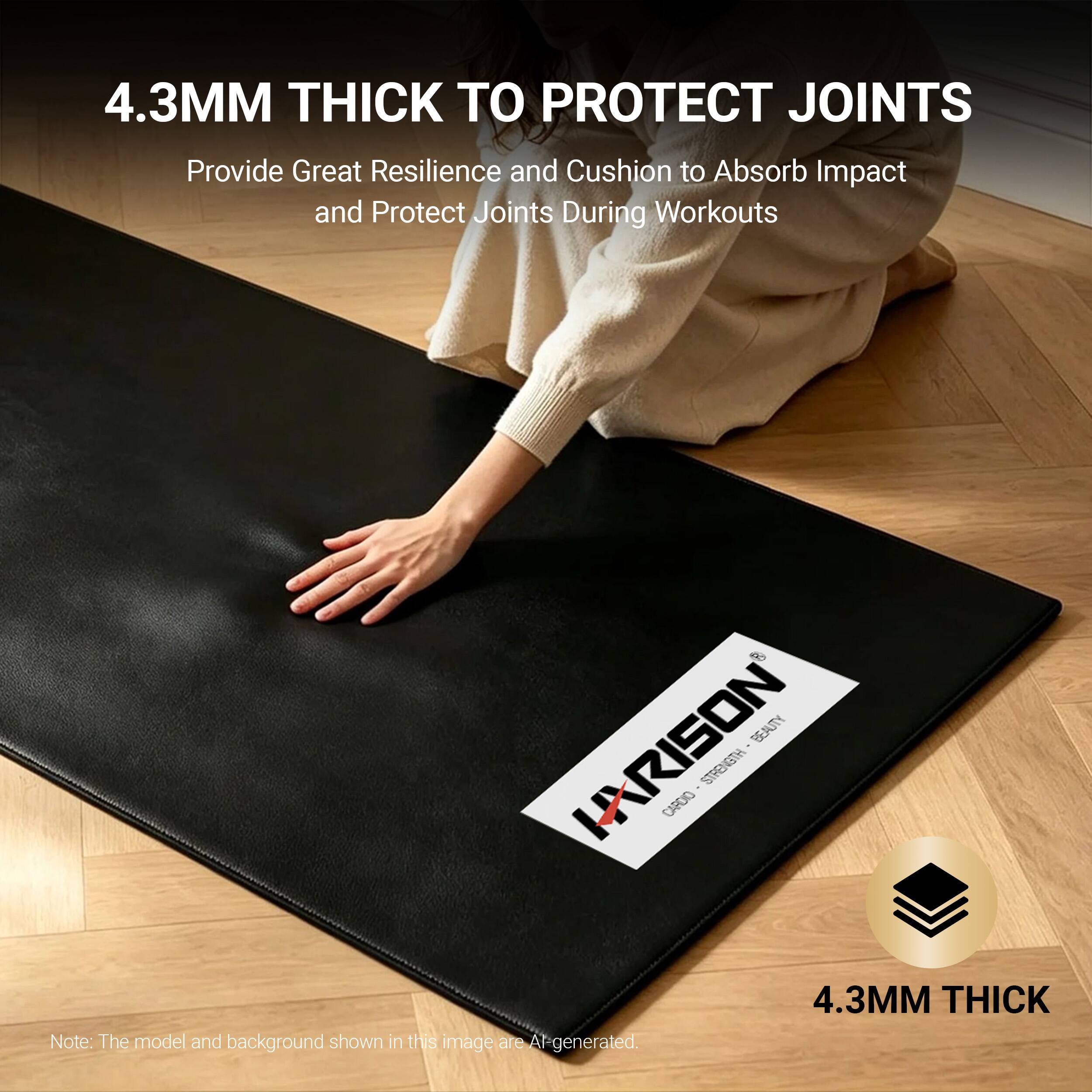4.3MM THICK TO PROTECT JOINTS  
Provide Great Resilience and Cushion to Absorb Impact and Protect Joints During Workouts  

HARISON BEAUTY STRENGTH CARDIO 4.3MM THICK  

Note: The model and background shown in this image are AI-generated.