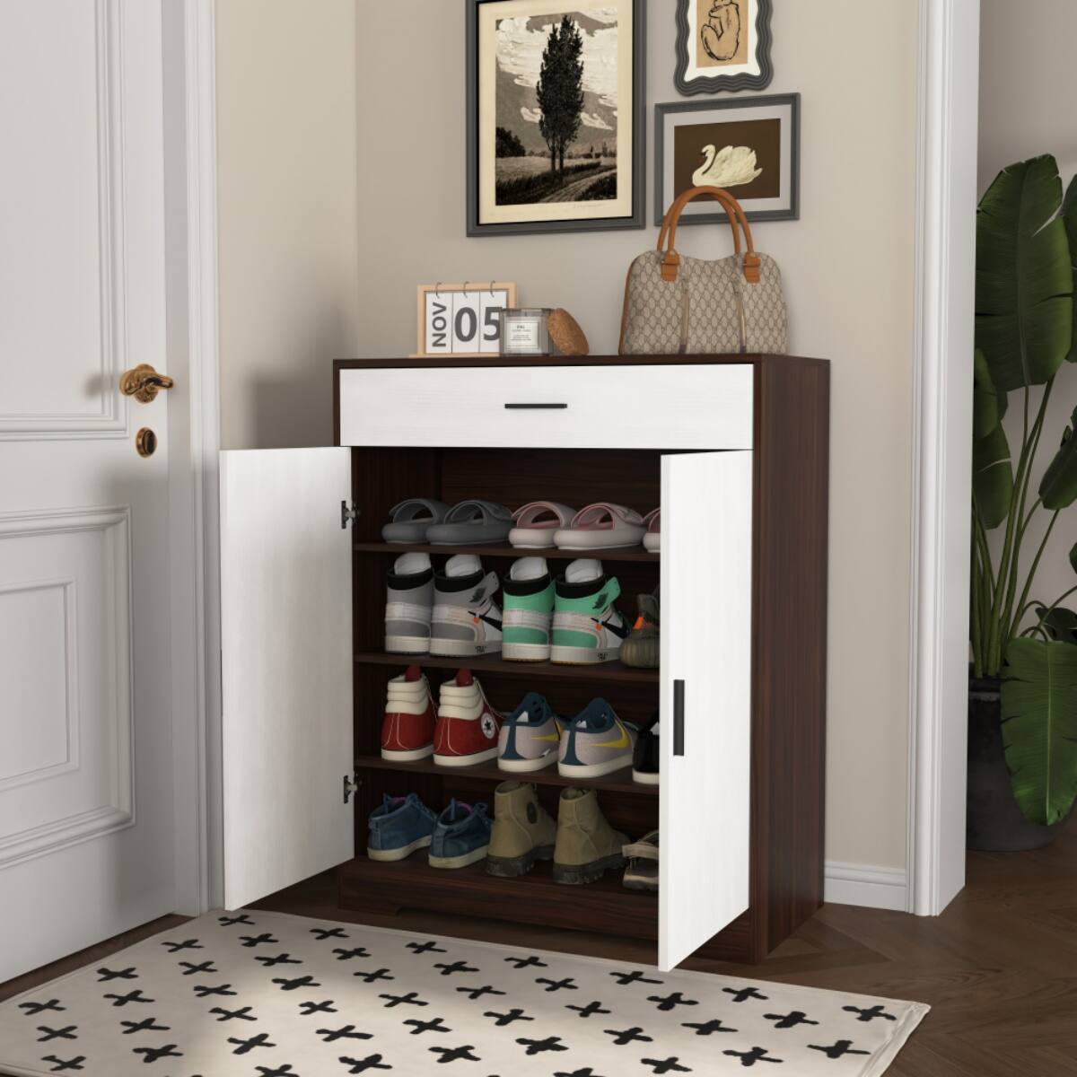 Alt View 6. Halitaa - 4-Tier Shoe Rack - Freestanding Wooden Shoe Storage Cabinet with 1 Drawer & Adjustable Shelves for Entryway Hallway - Brown.
