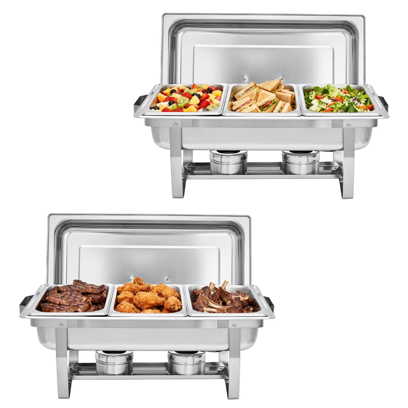Left. GARVEE - 2-Pack Stainless Steel Buffet Server Set, 3-Well Rectangular Chafing Dish Multi-Compartment Food Warmer - Silver.